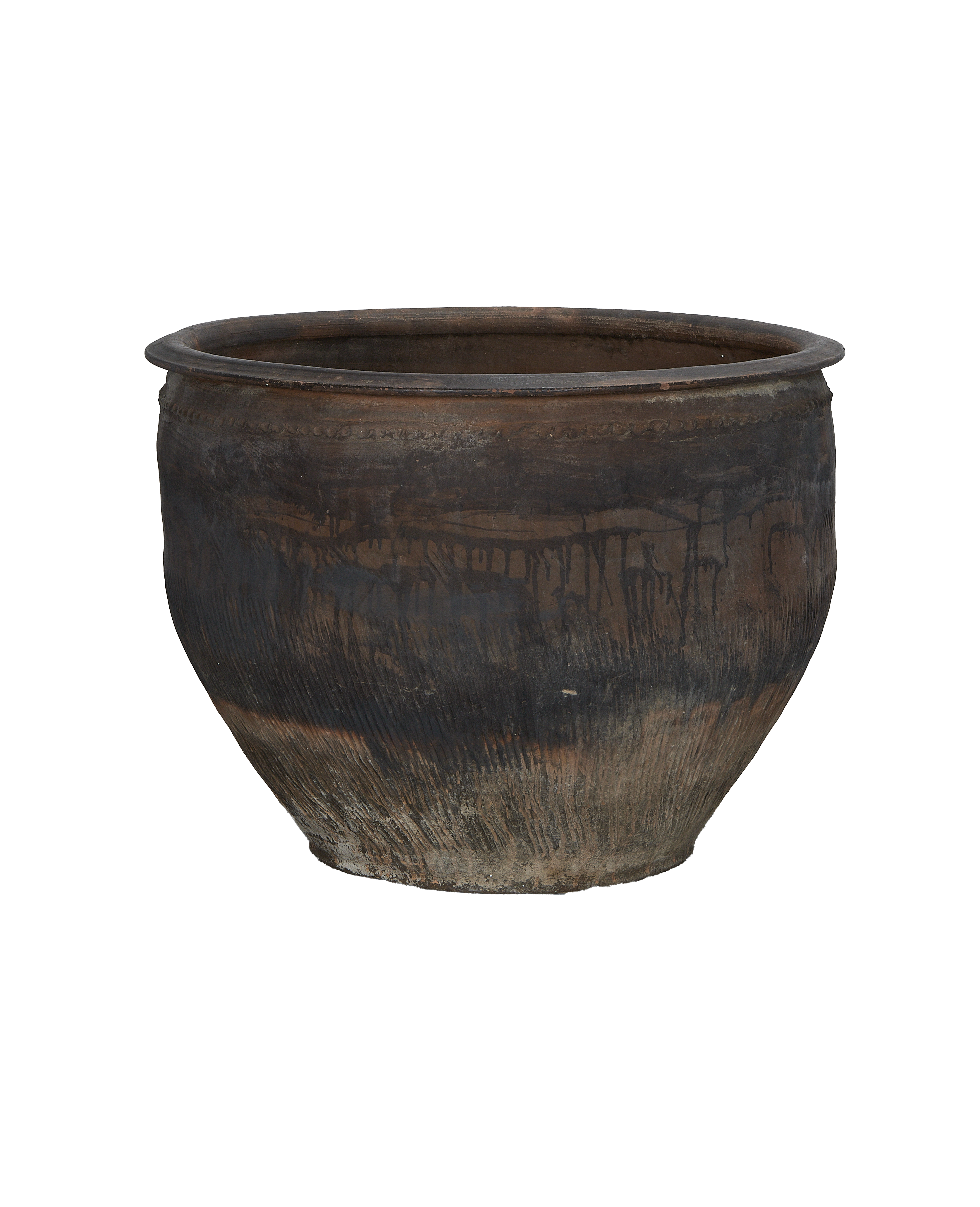 Vintage Chinese ceramic water planter in oak, showing weathered surface texture and rim.