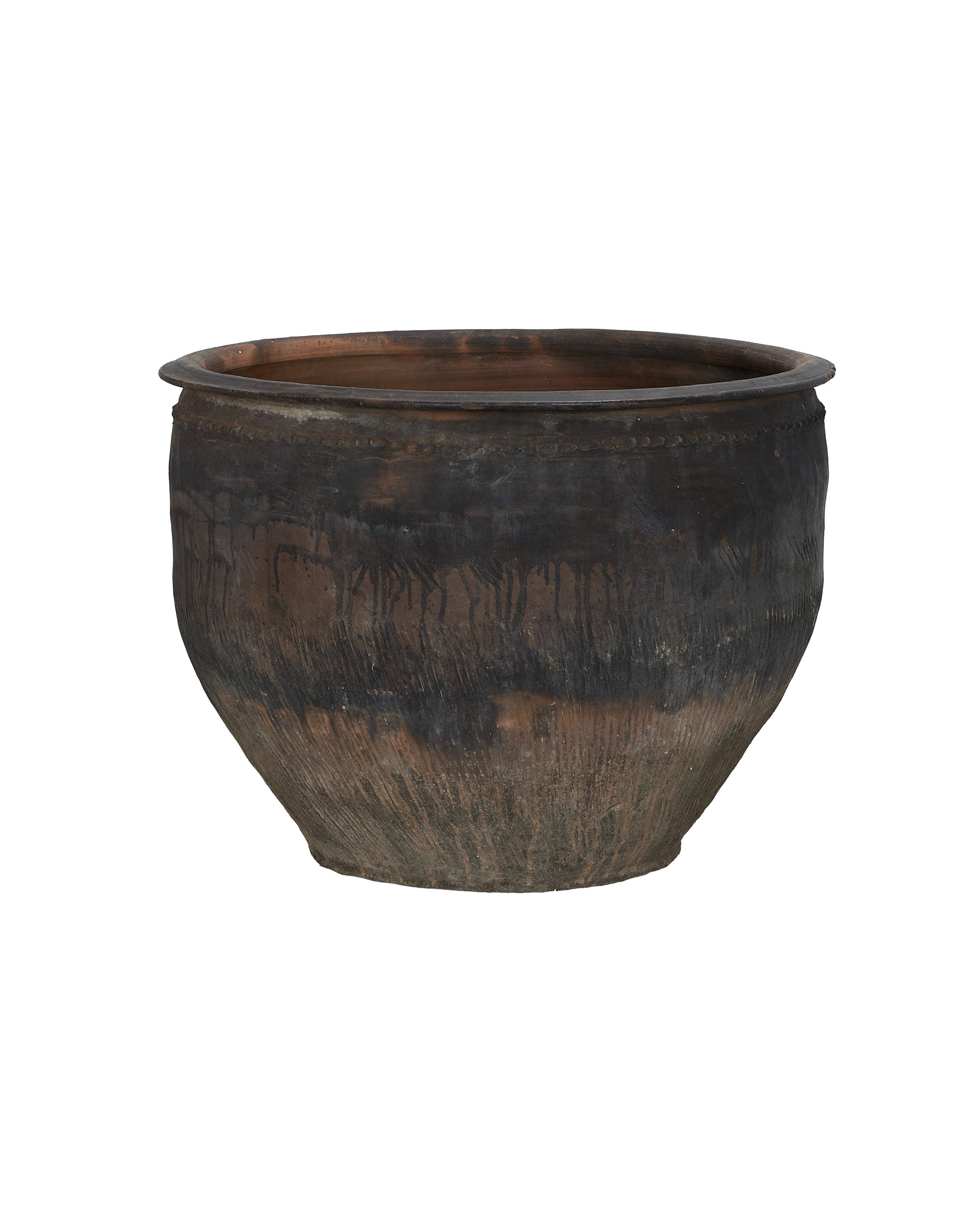 Vintage Chinese oak water planter, showing weathered texture and dark patinated surface.