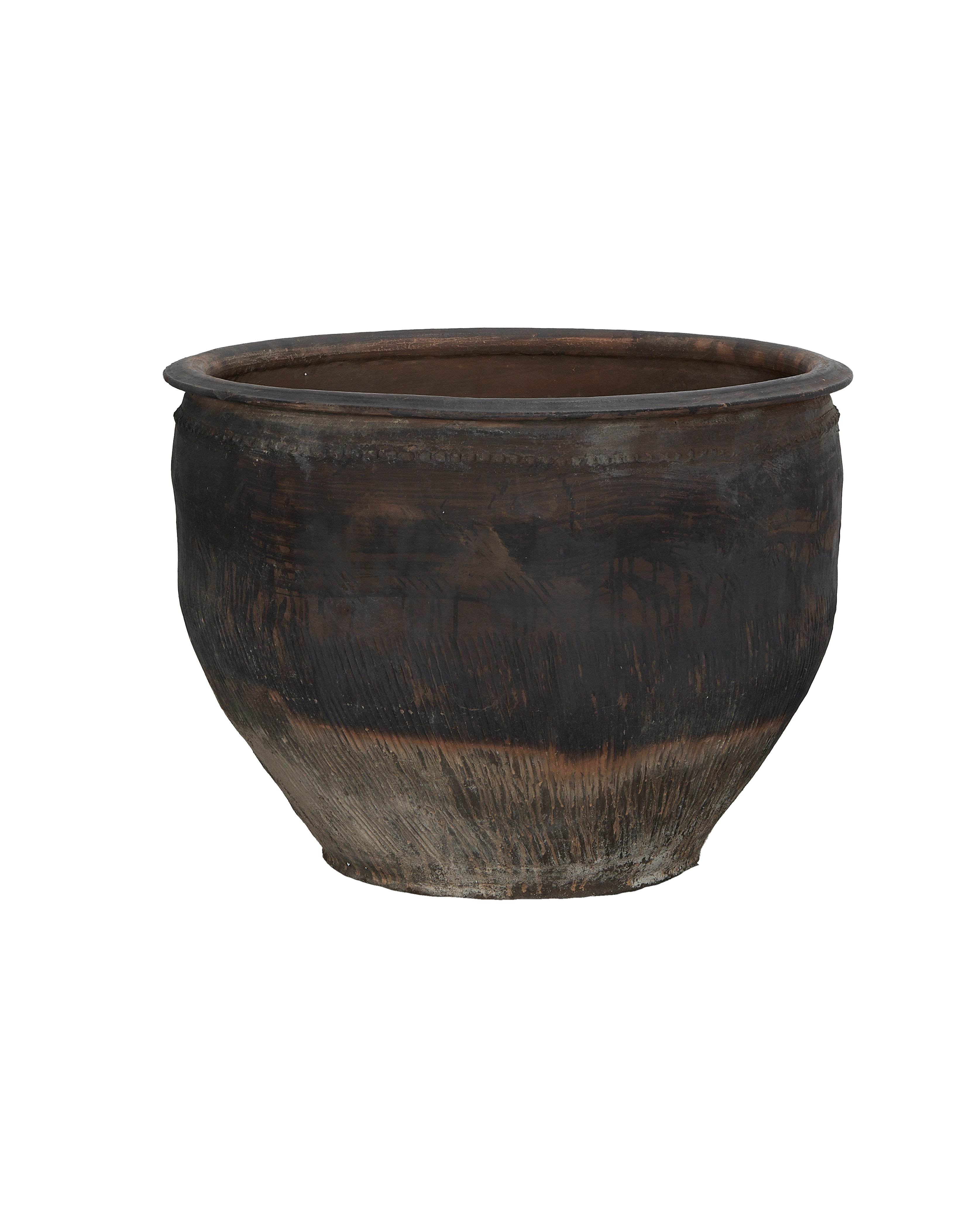 Vintage Chinese OAK water planter, showing uneven weathered dark brown and light grey surface patina.