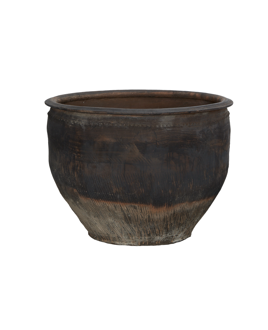 Vintage Chinese OAK water planter, showing uneven weathered dark brown and light grey surface patina.