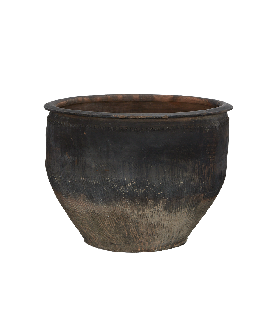 Vintage Chinese OAK water planter, showing texture and aged patina on lower half.