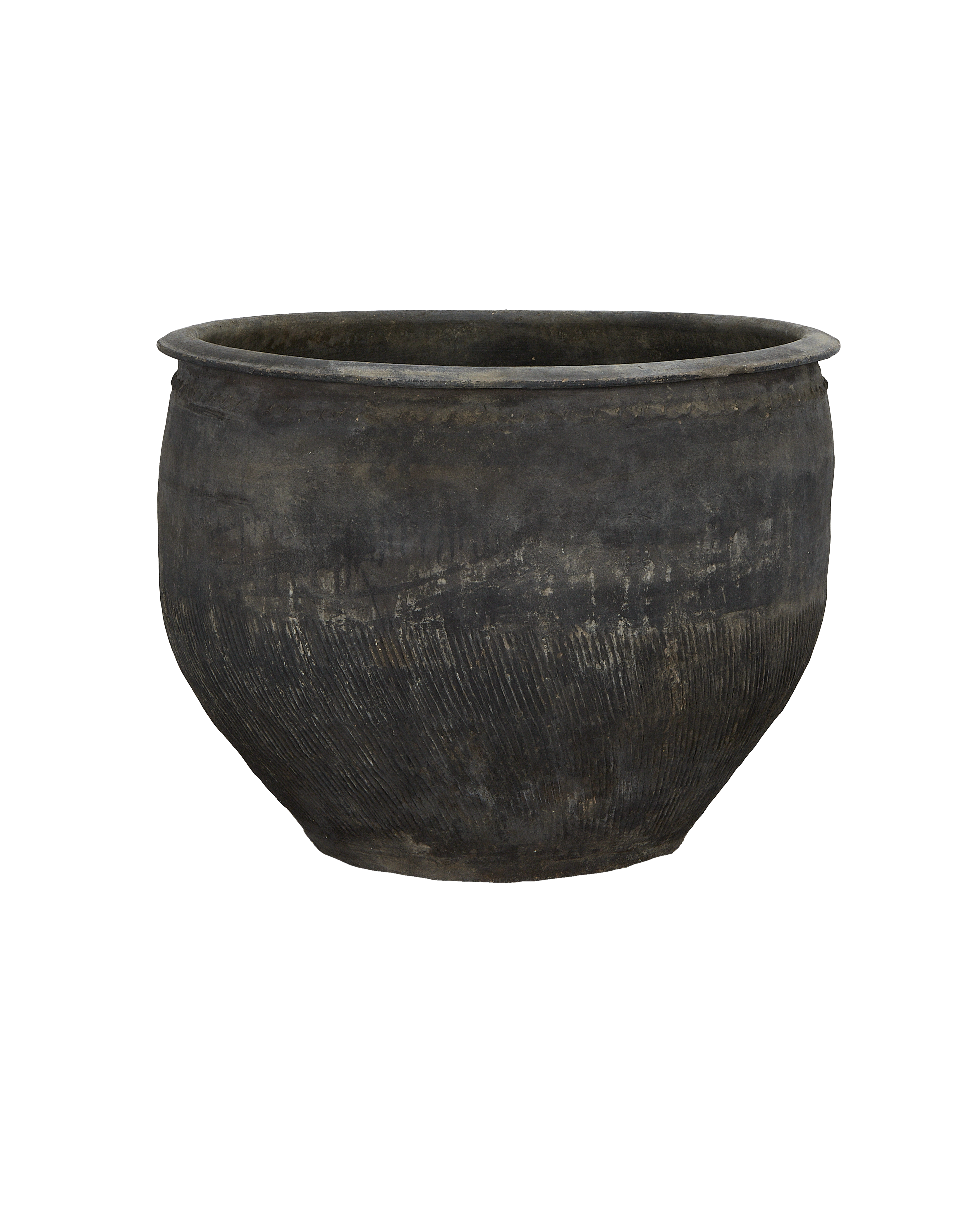 Vintage Chinese oak water planter, dark patina, with distinctive textured bands wrapping the body.