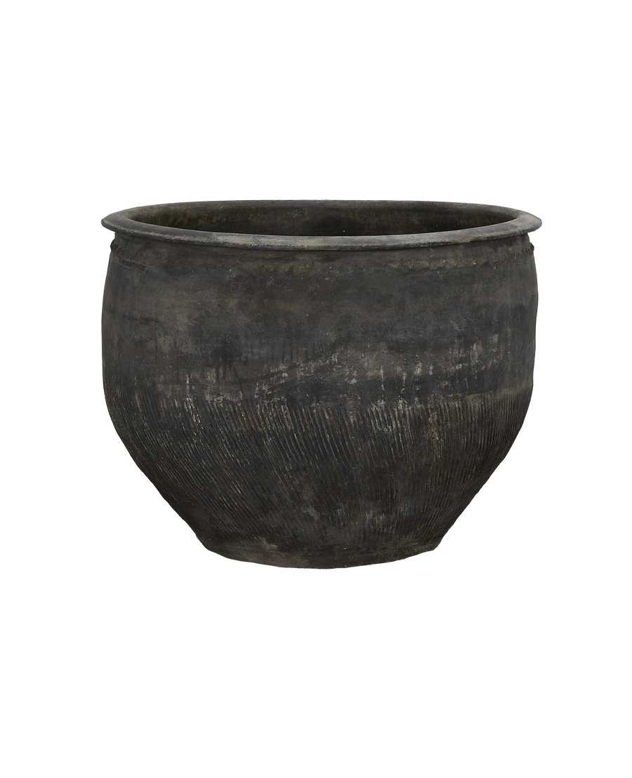 Vintage Chinese oak water planter, dark patina, with distinctive textured bands wrapping the body.