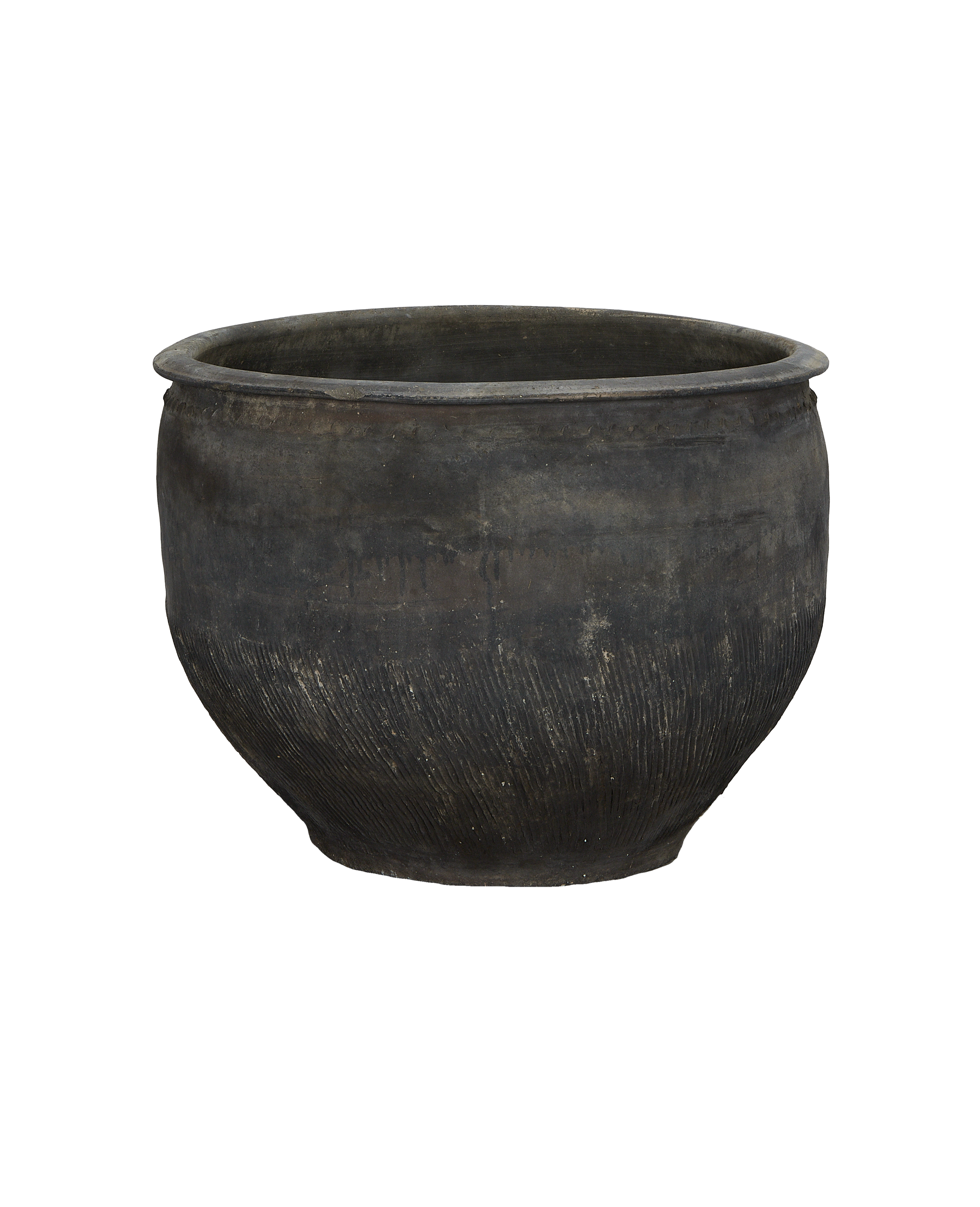 Vintage Chinese OAK water planter, showing its textured lower body and dark rustic patina.