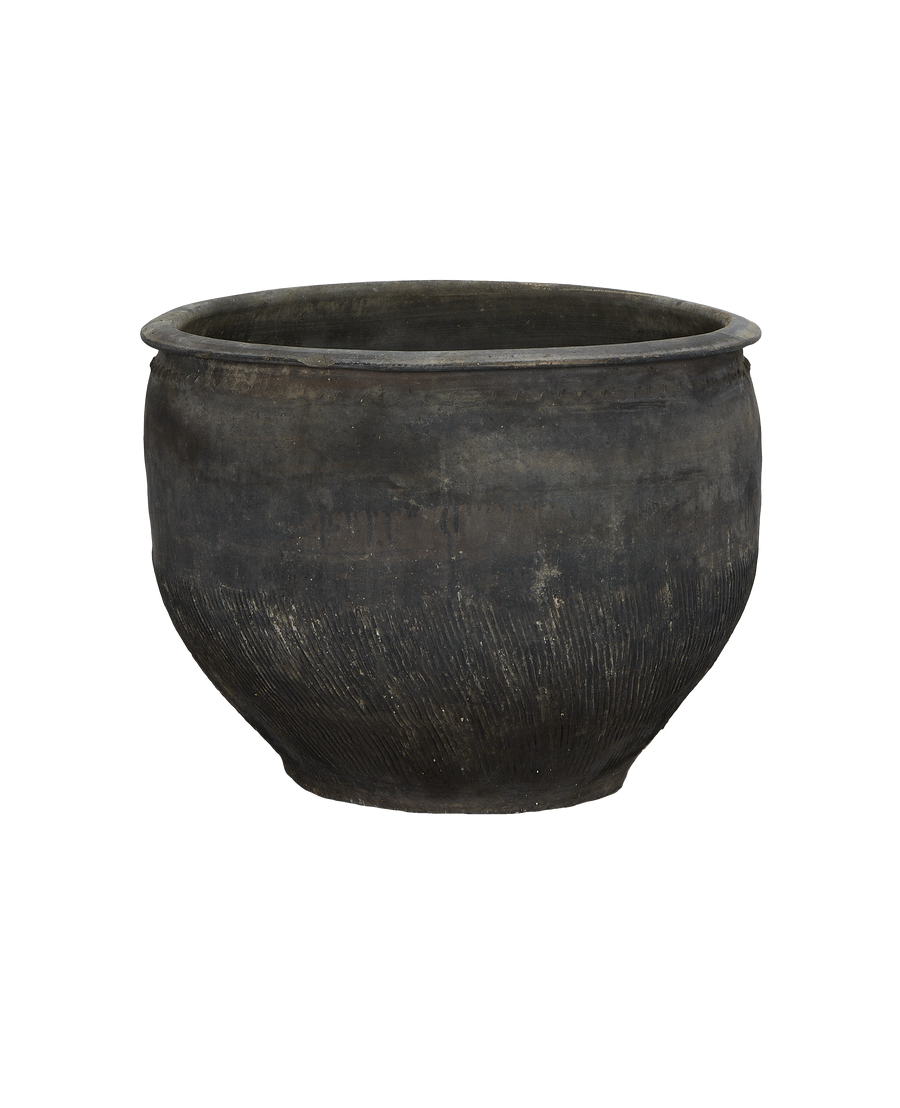 Vintage Chinese OAK water planter, showing its textured lower body and dark rustic patina.