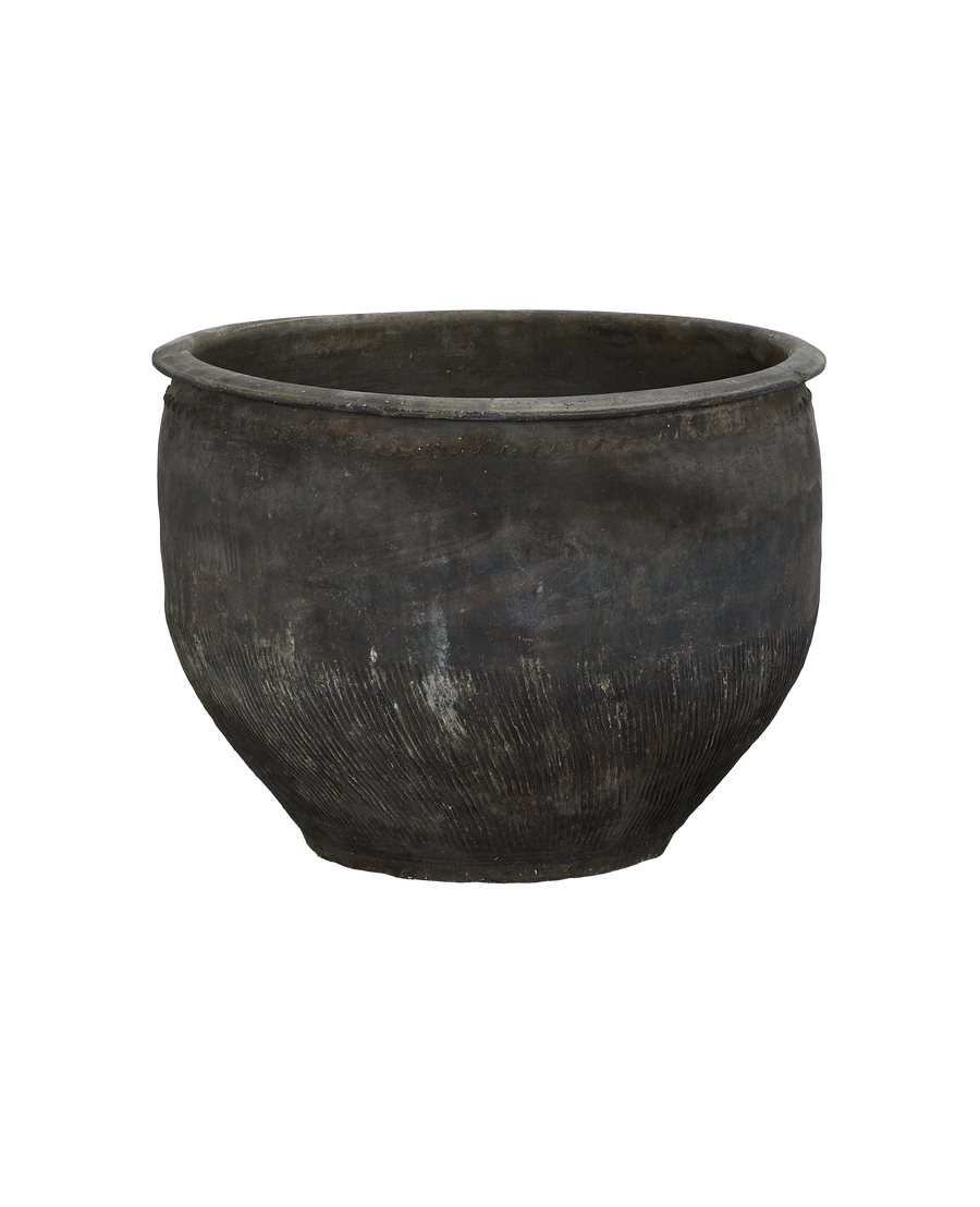 Vintage Chinese OAK water planter, showing its textured, weathered exterior condition.