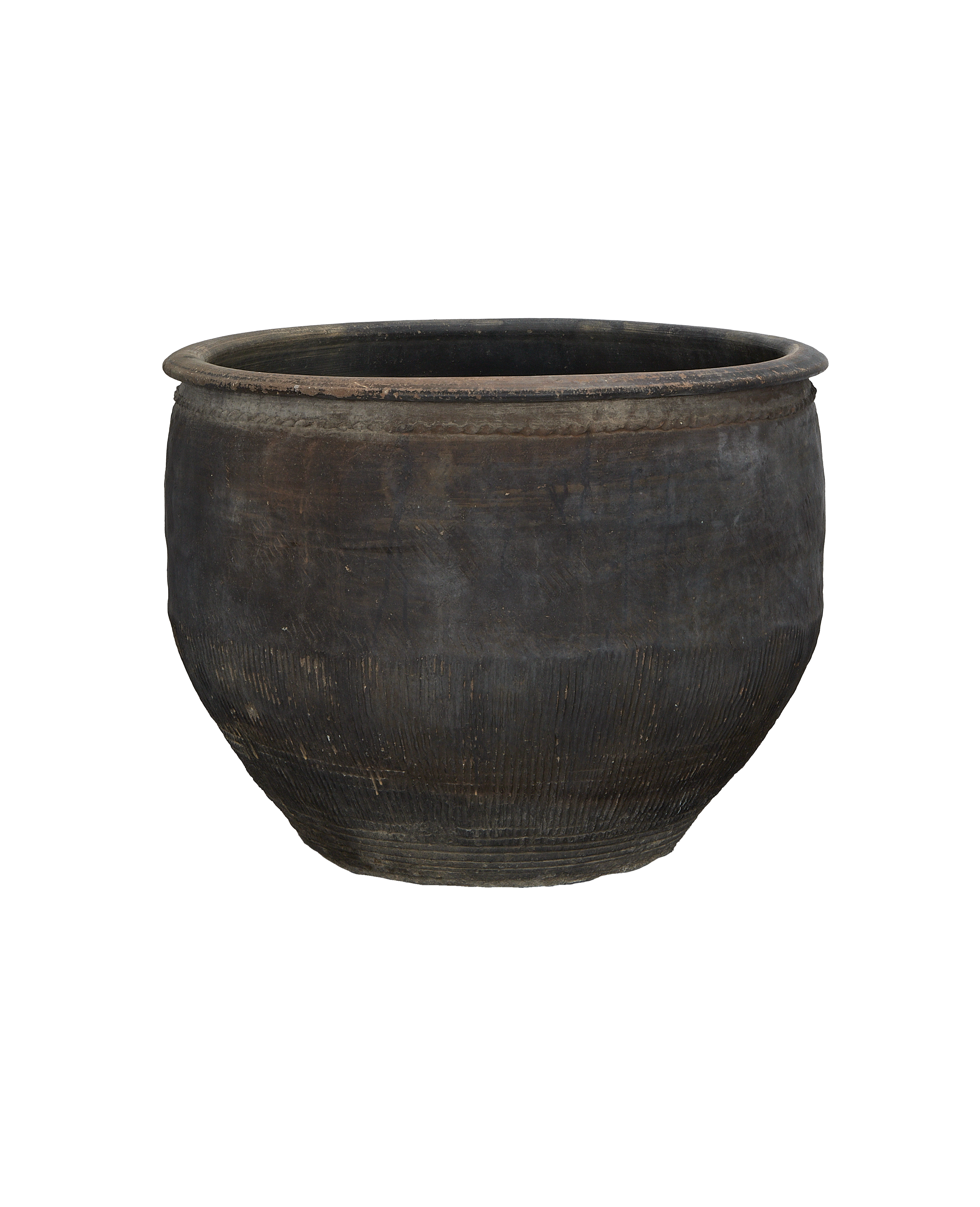 Vintage Chinese black ceramic water planter with weathered texture and ridged base.