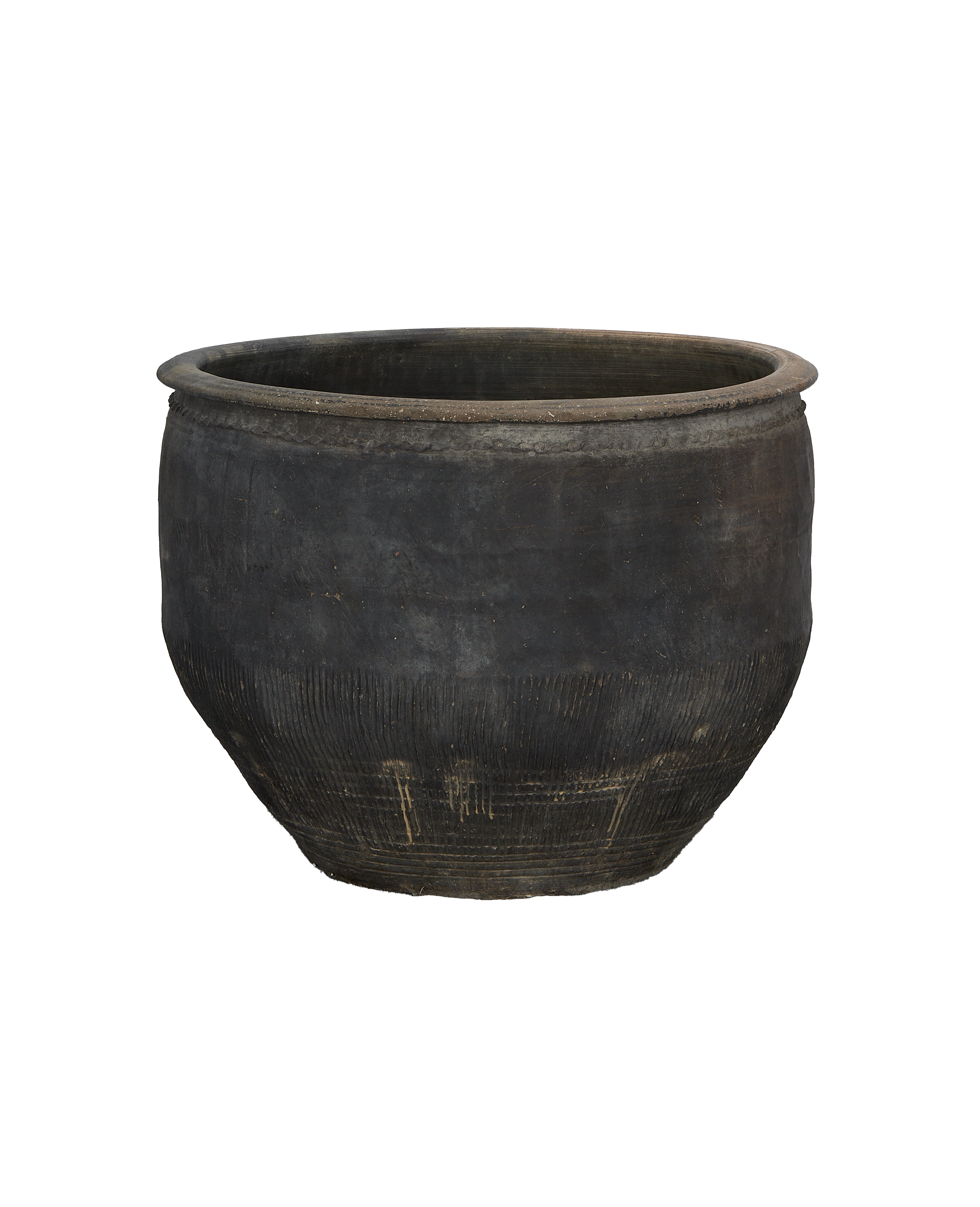 Vintage Chinese water planter, black oak, with textured grooves visible on lower body.