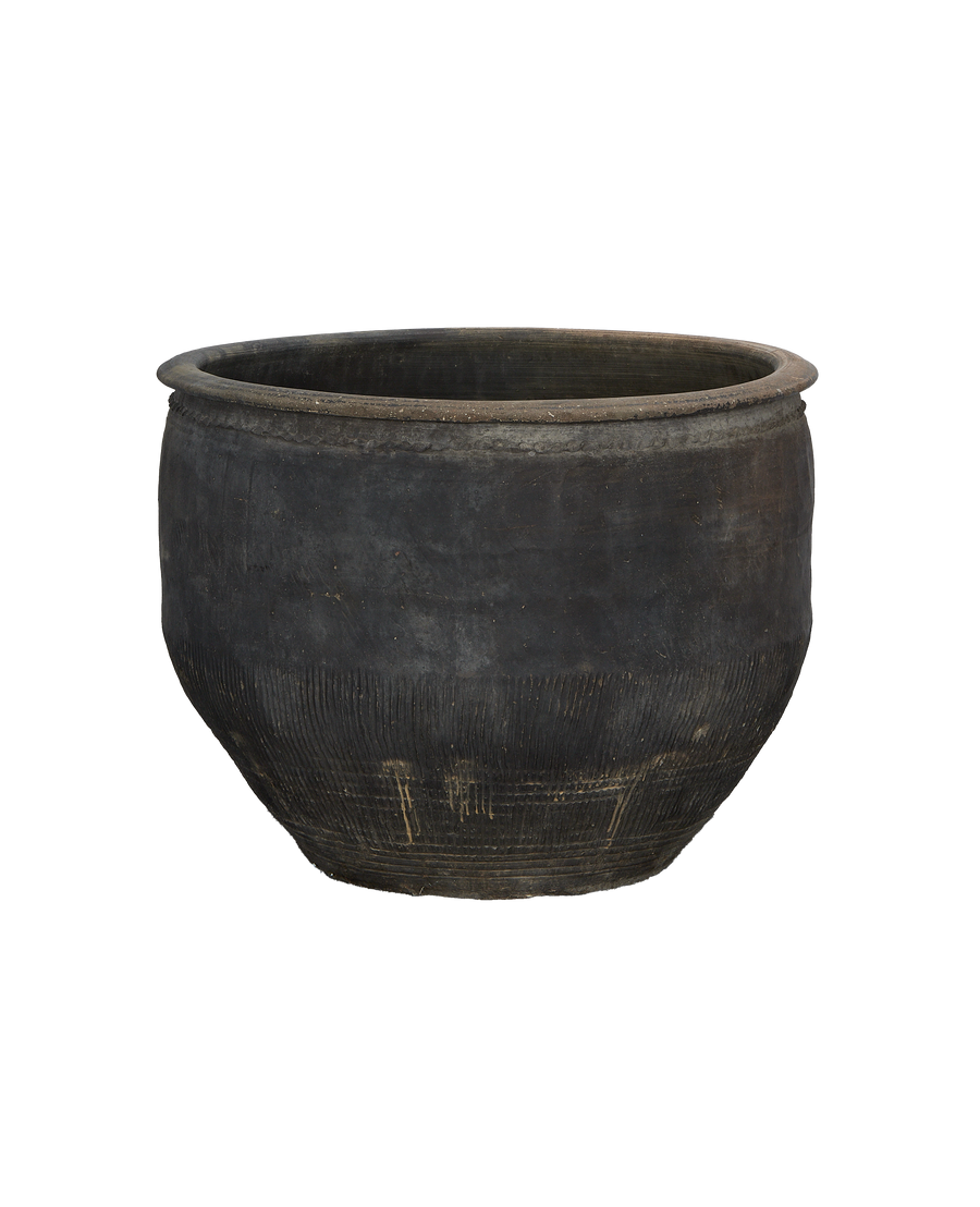 Vintage Chinese water planter, black oak, with textured grooves visible on lower body.