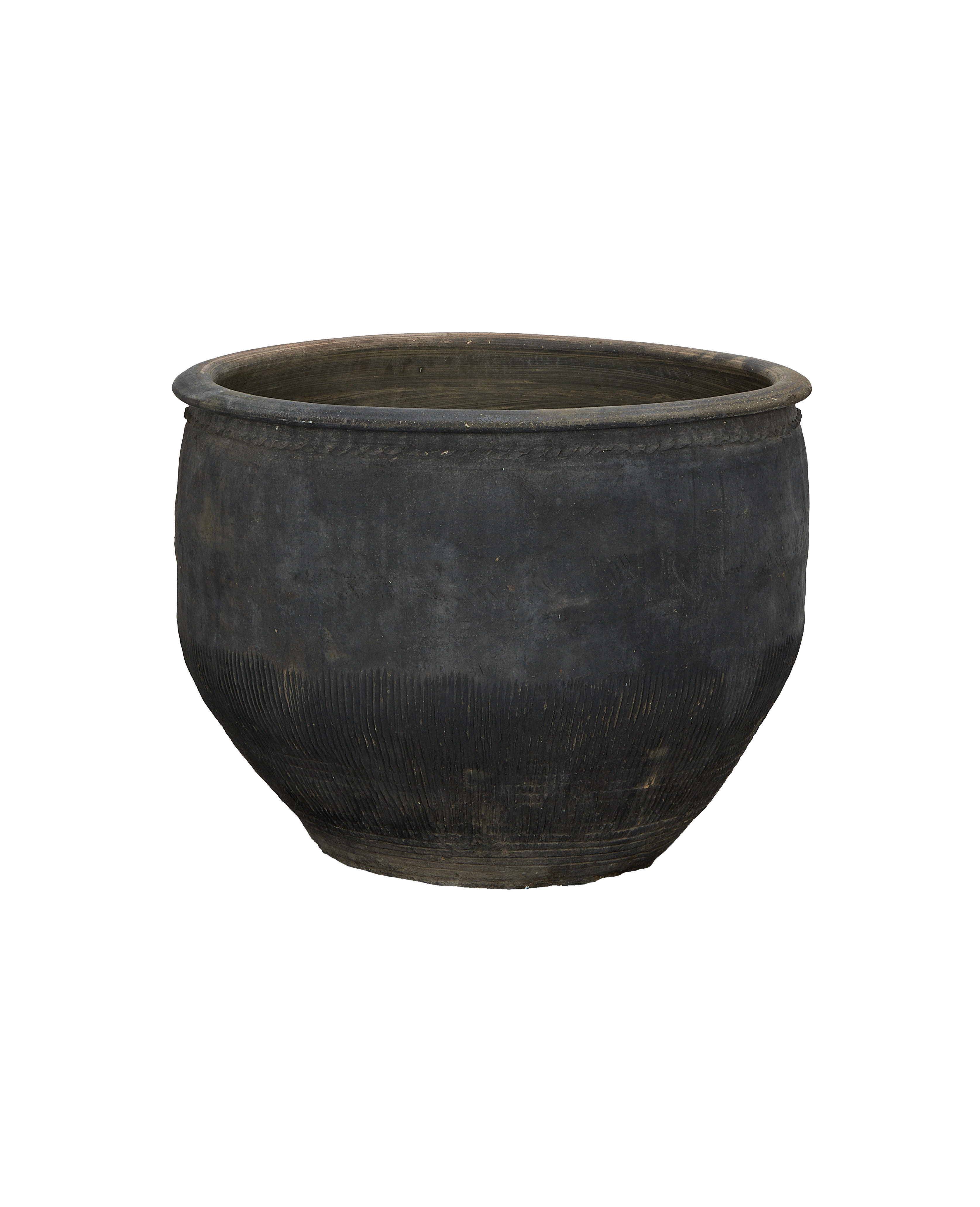 Vintage Chinese oak water planter with textured bottom and rustic rim detail.