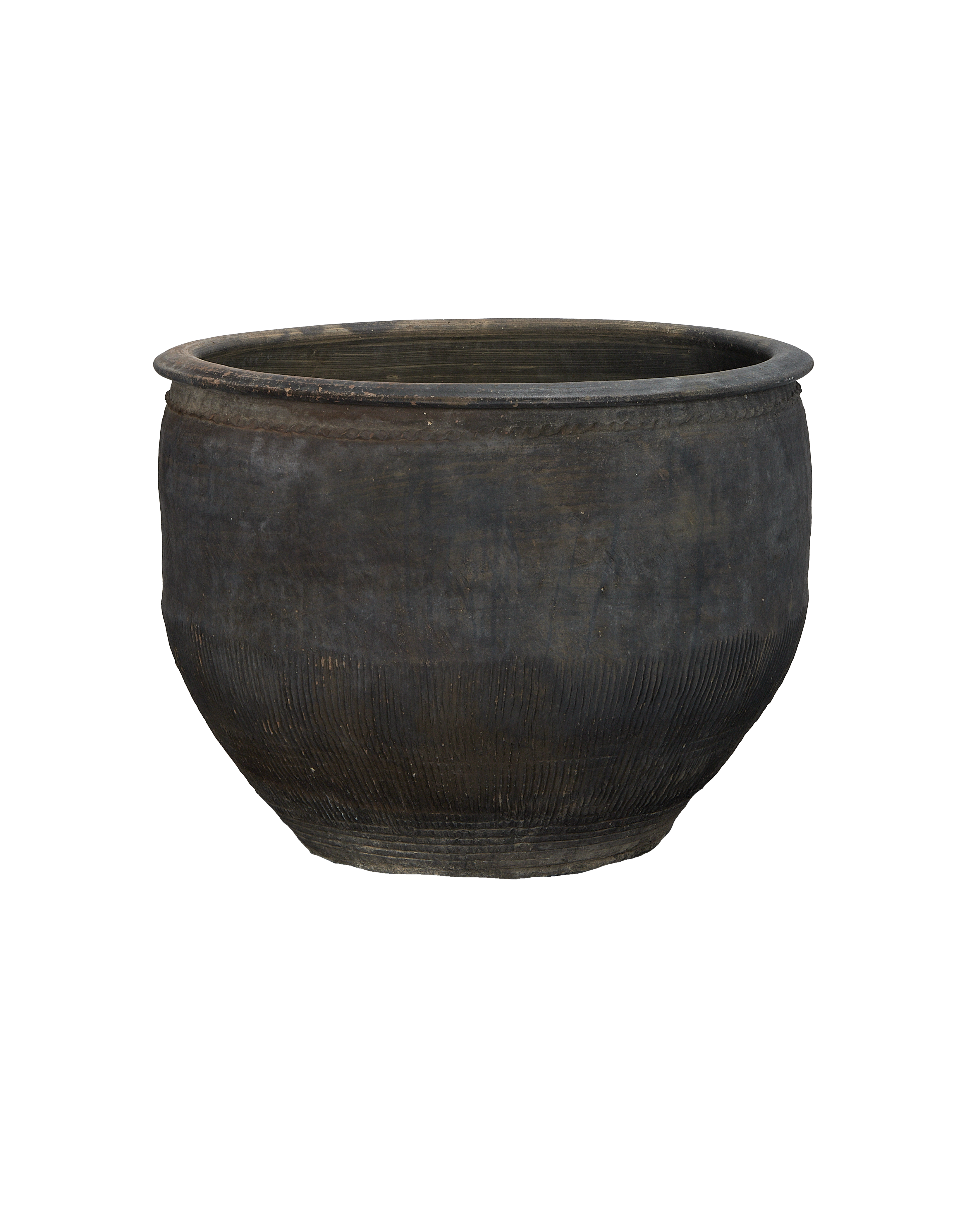 Vintage Chinese oak water planter with textured bottom detail and worn rim.
