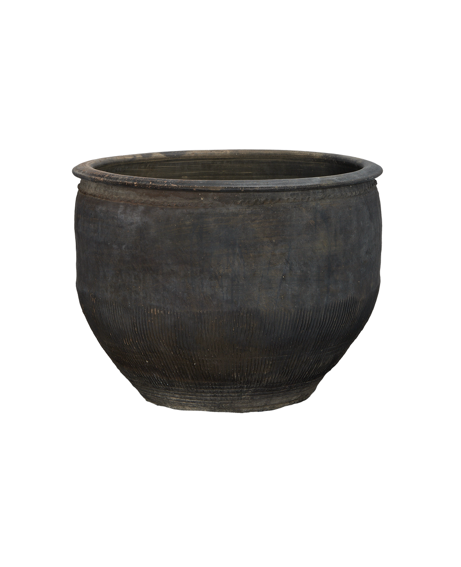 Vintage Chinese oak water planter with textured bottom detail and worn rim.