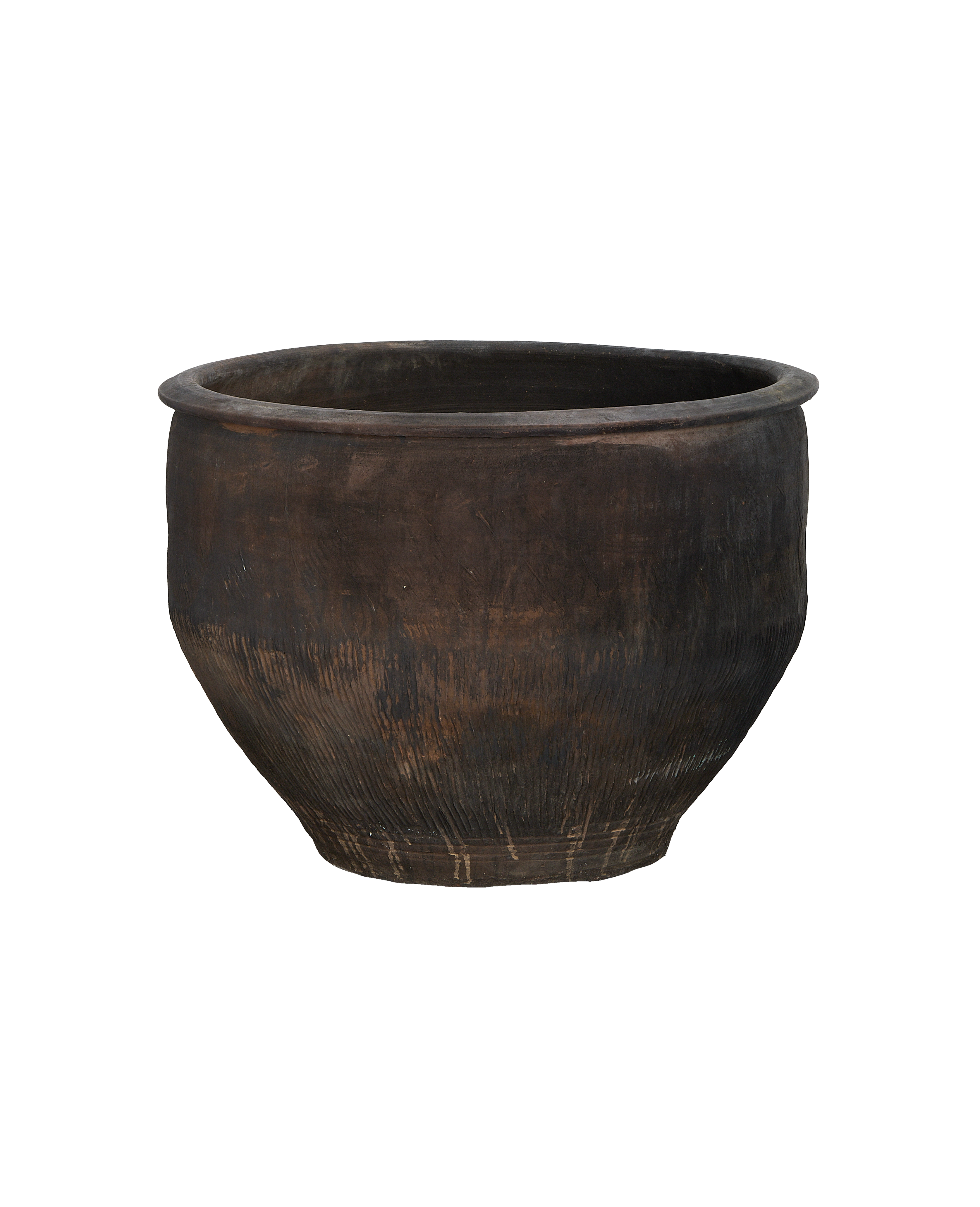 Vintage Chinese dark oak water planter, wide-mouthed, aged wood texture.