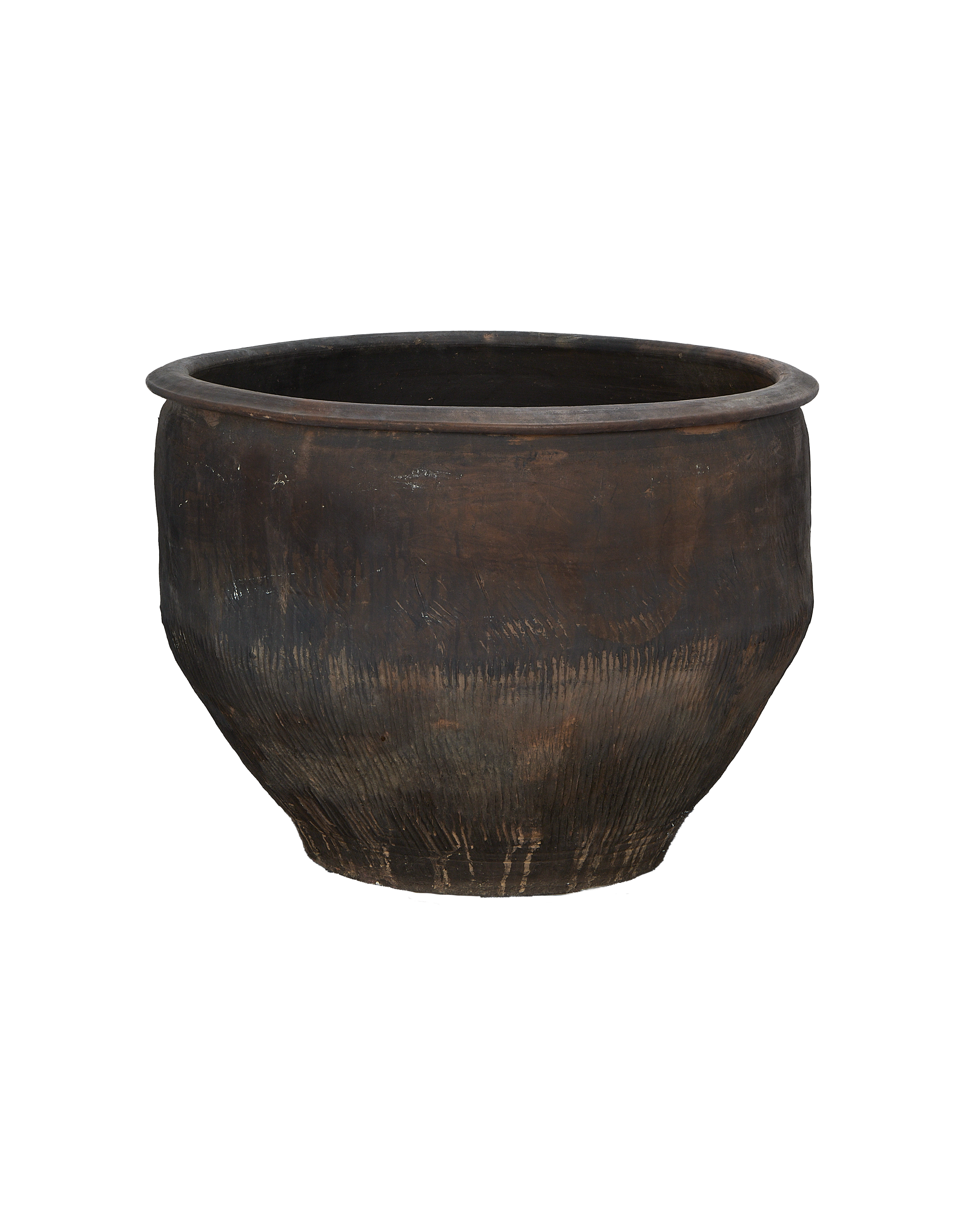 Vintage Chinese oak water planter, dark brown, showcasing textured surface and rolled rim.