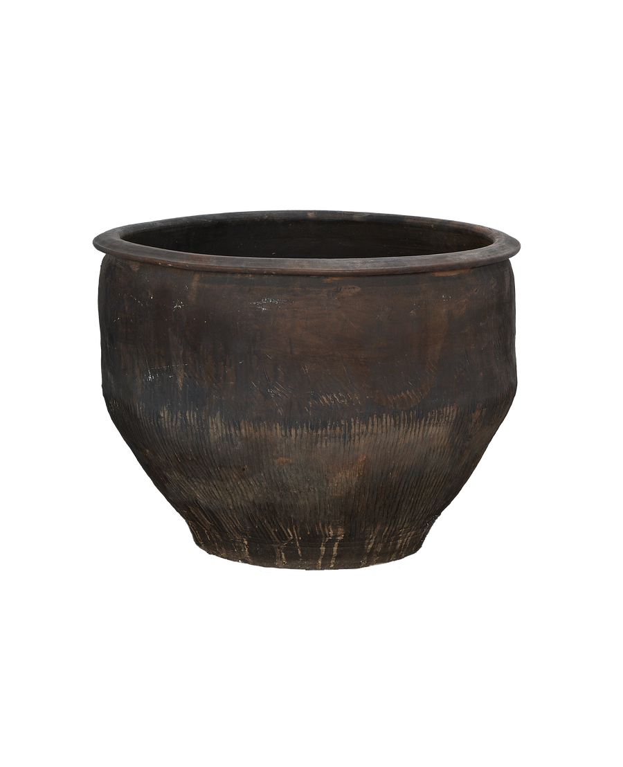 Vintage Chinese oak water planter, dark brown, showcasing textured surface and rolled rim.