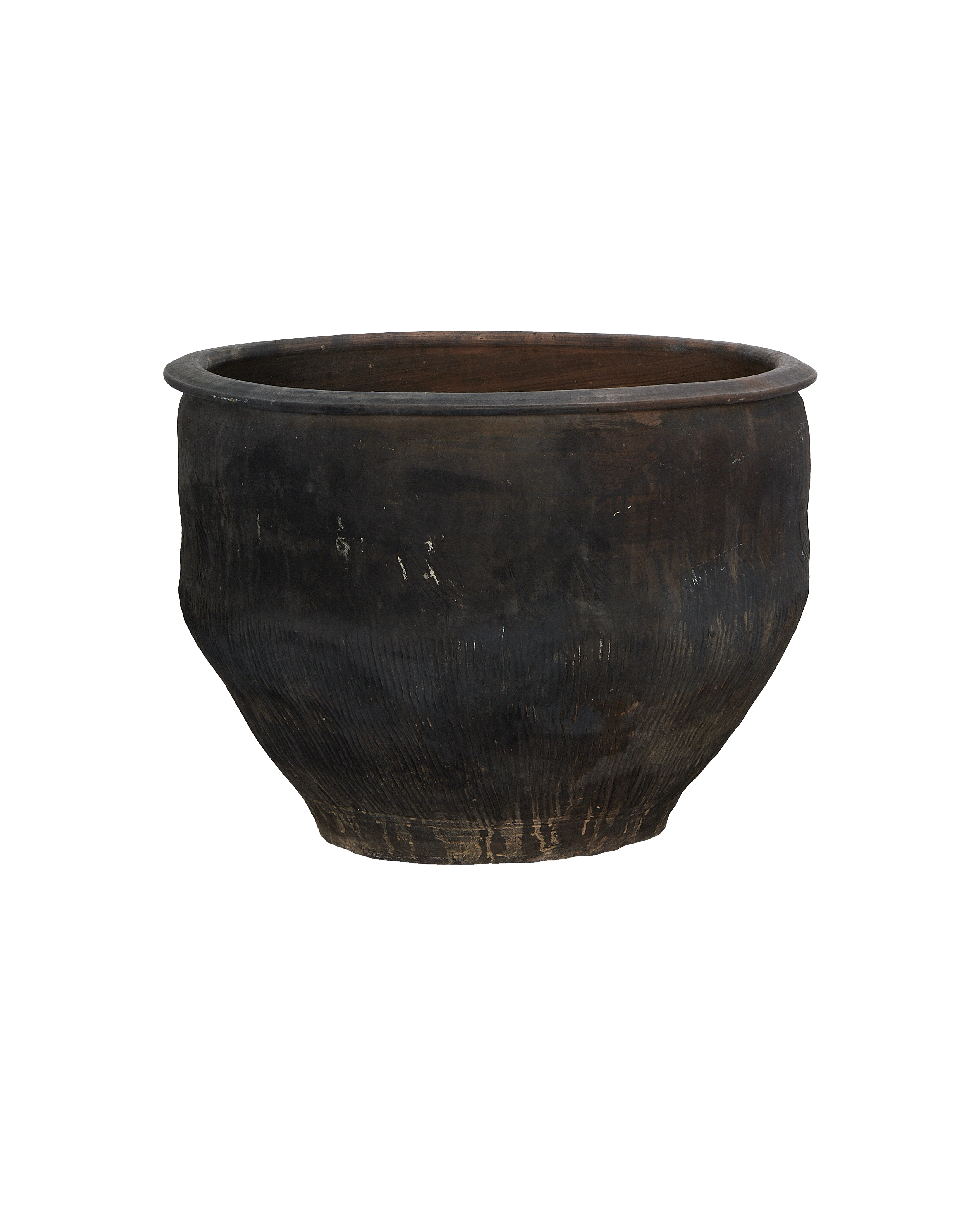 Vintage Chinese oak water planter, full view showing aged, distressed surface texture.