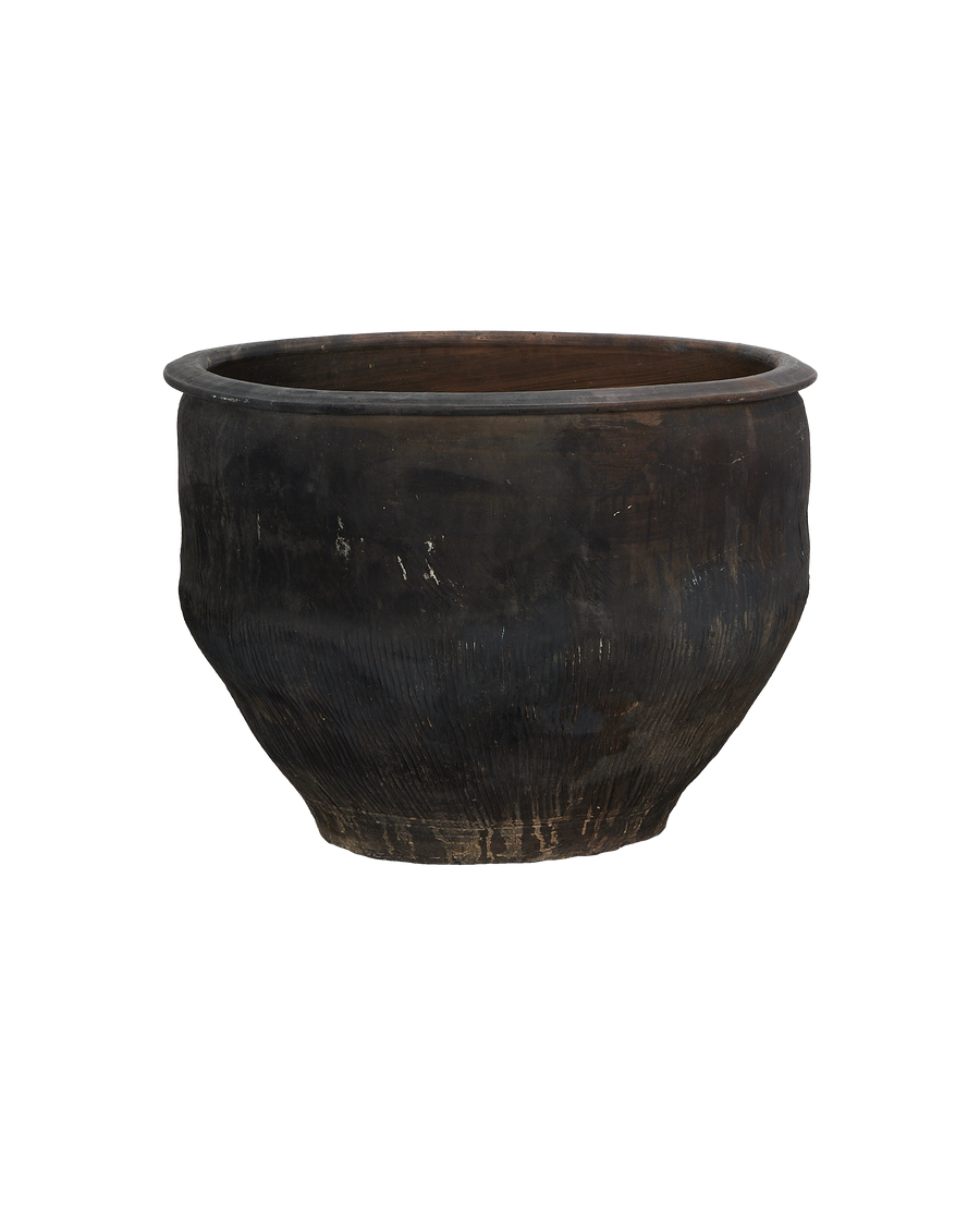 Vintage Chinese oak water planter, full view showing aged, distressed surface texture.