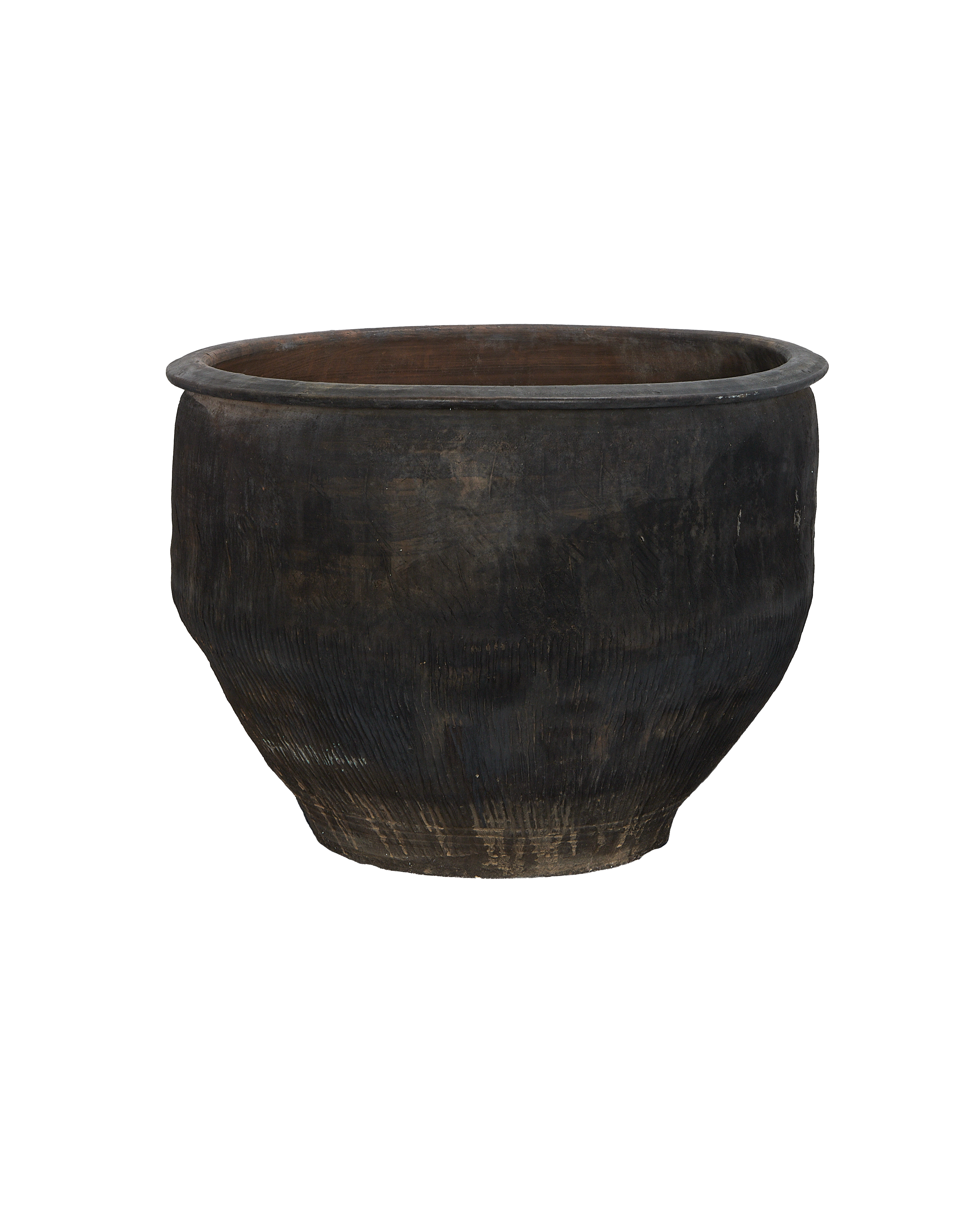 Vintage Chinese oak water planter, full view showing aged dark wood and textured surface.