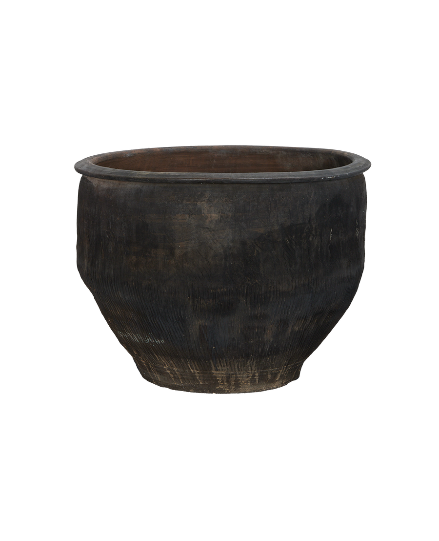 Vintage Chinese oak water planter, full view showing aged dark wood and textured surface.