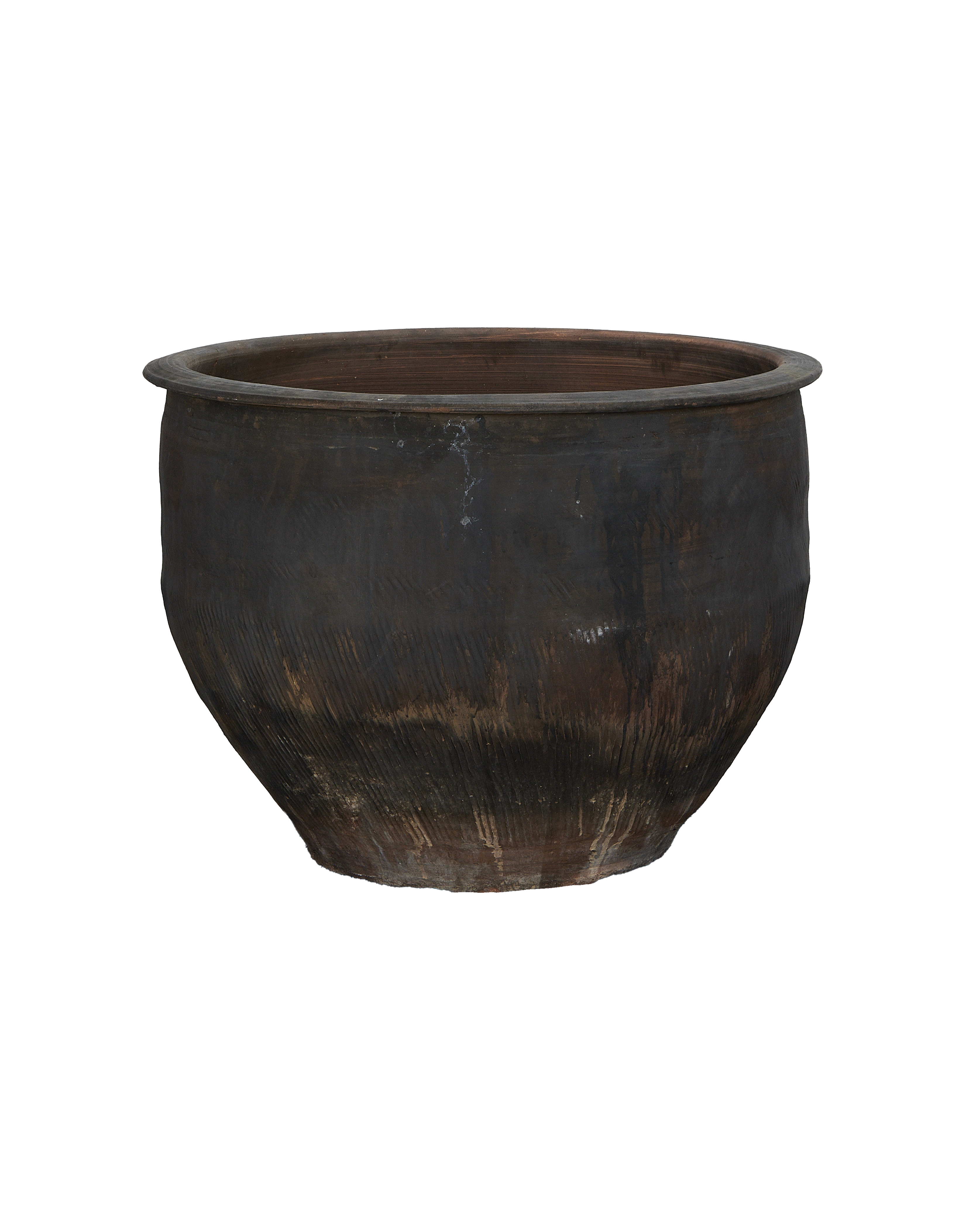 Vintage Chinese oak water planter, dark patina, weathered surface, wide rolled rim.