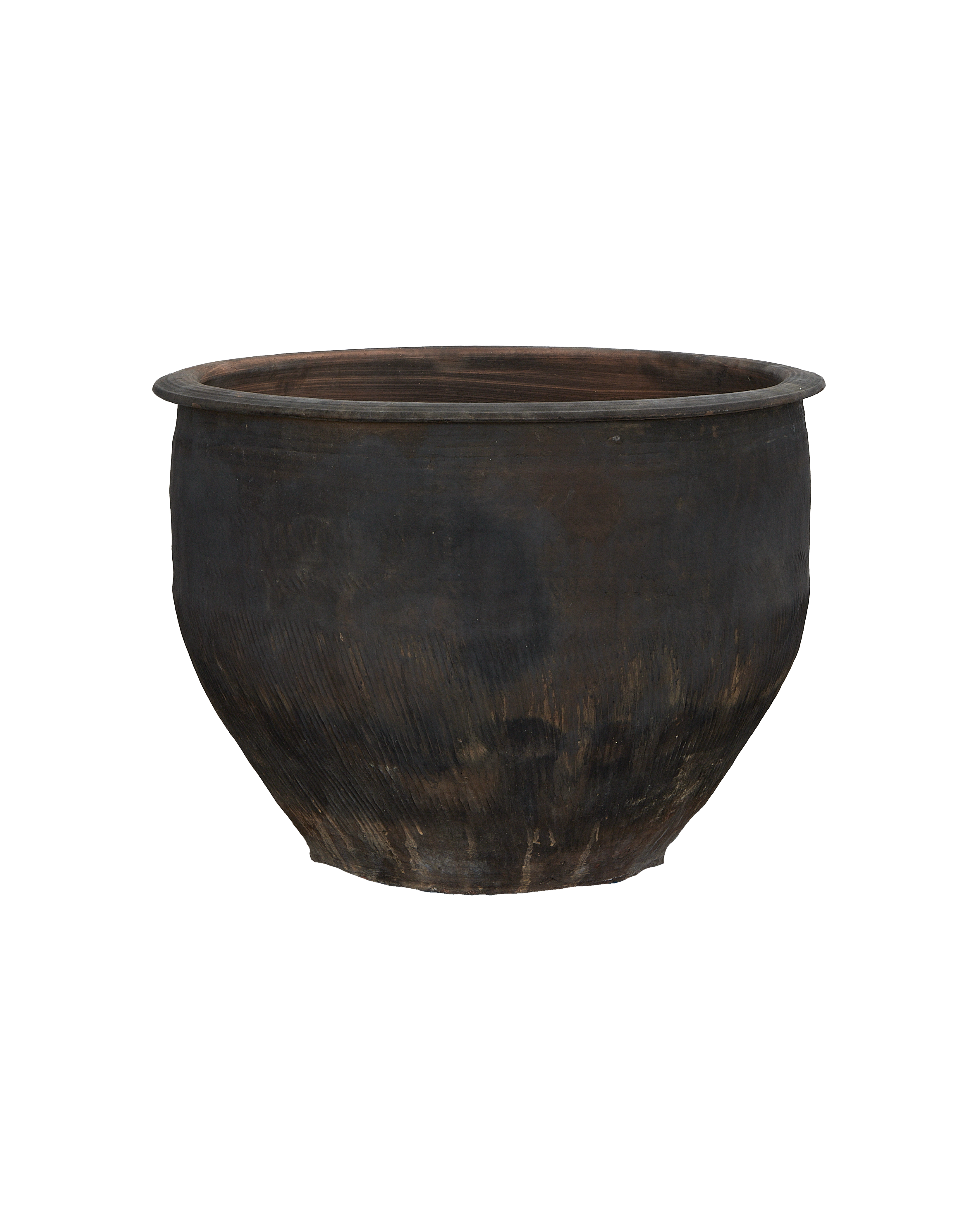Vintage Chinese oak water planter, dark patina, showing textured surface details up close.
