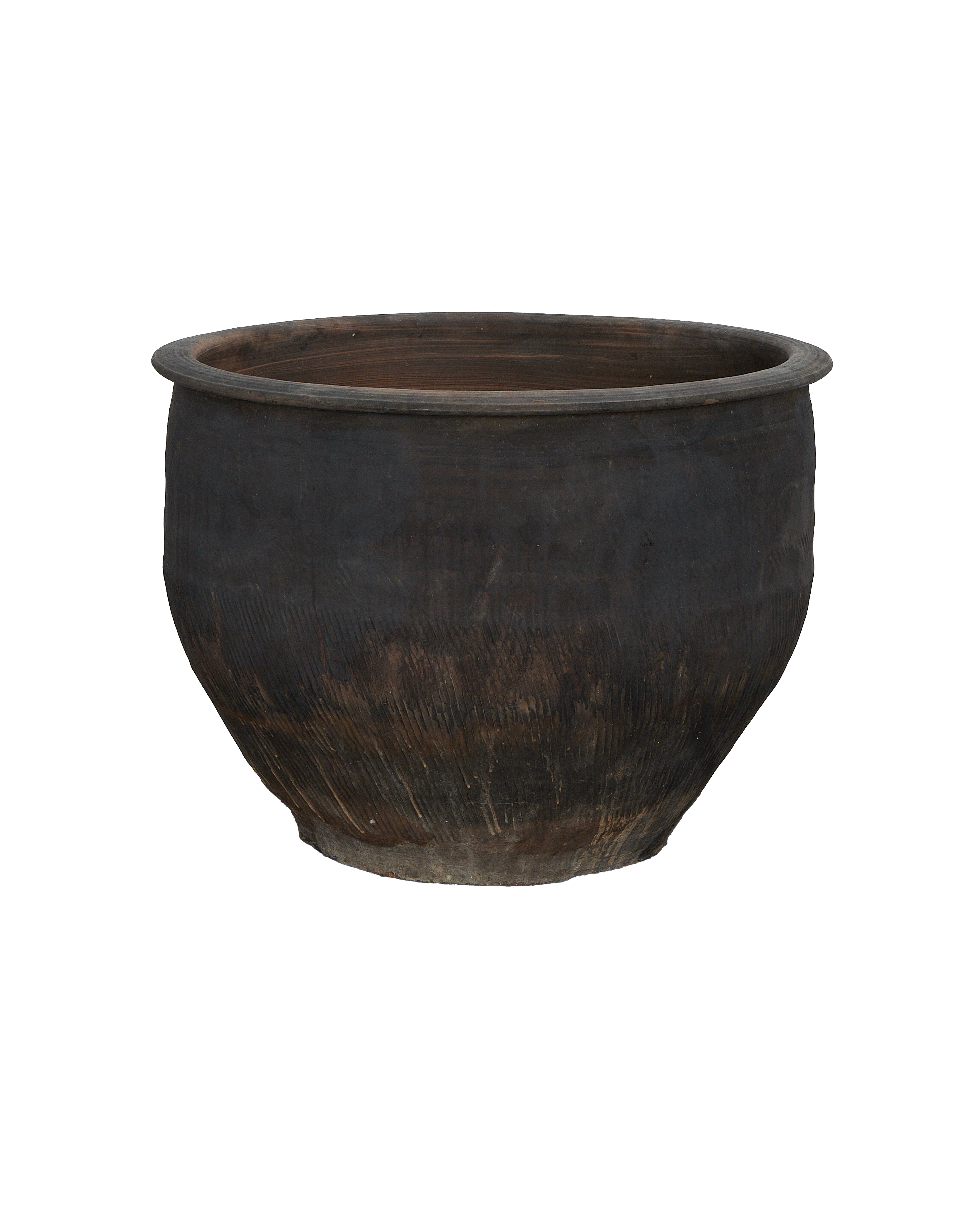 Vintage Chinese oak water planter, full view showing rim and distressed surface.