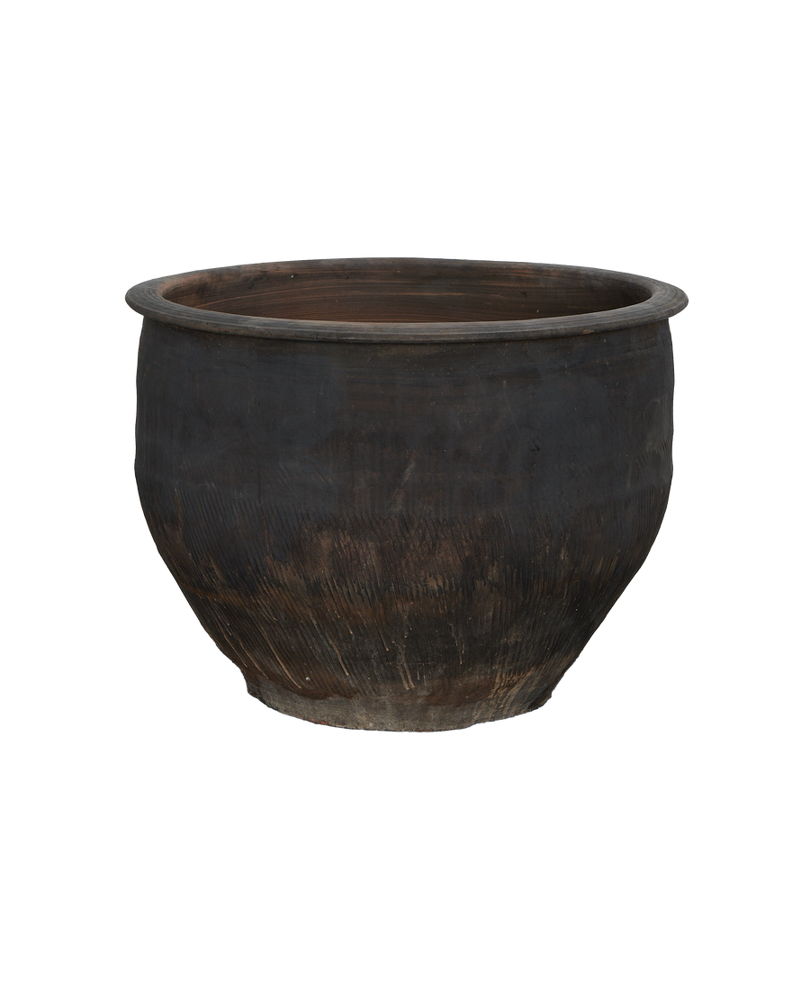 Vintage Chinese oak water planter, full view showing rim and distressed surface.