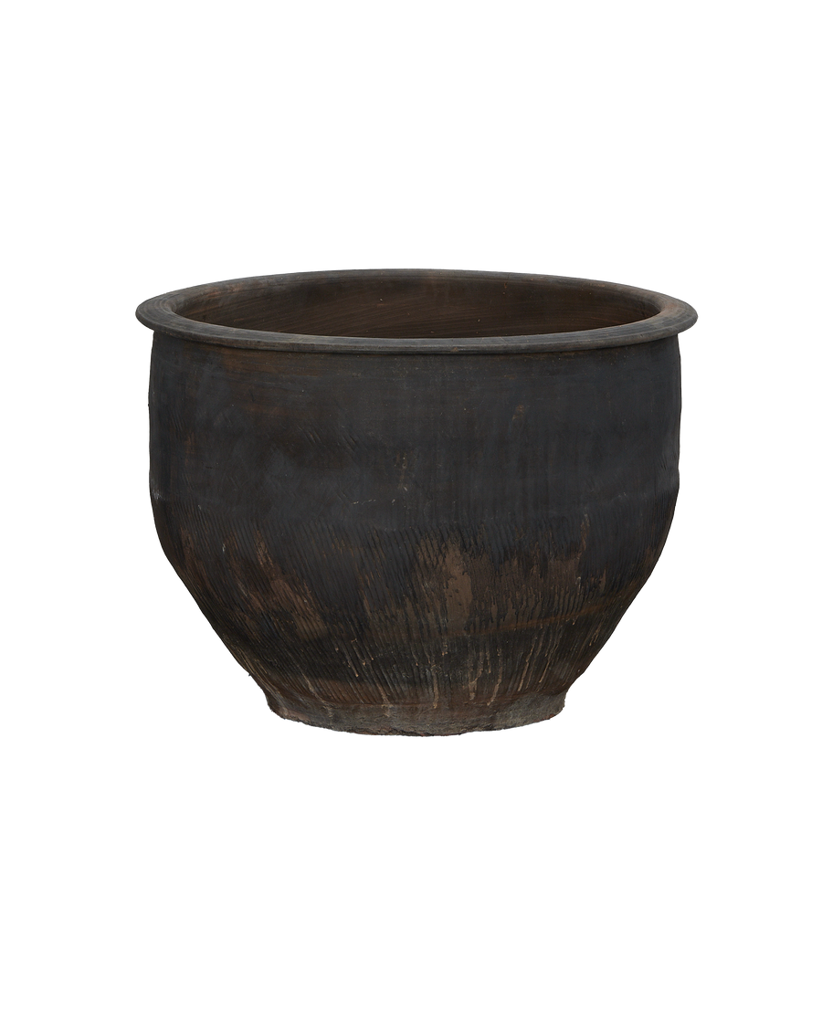 Vintage Chinese Oak Water Planter: close-up side view, showing weathered patina and texture.