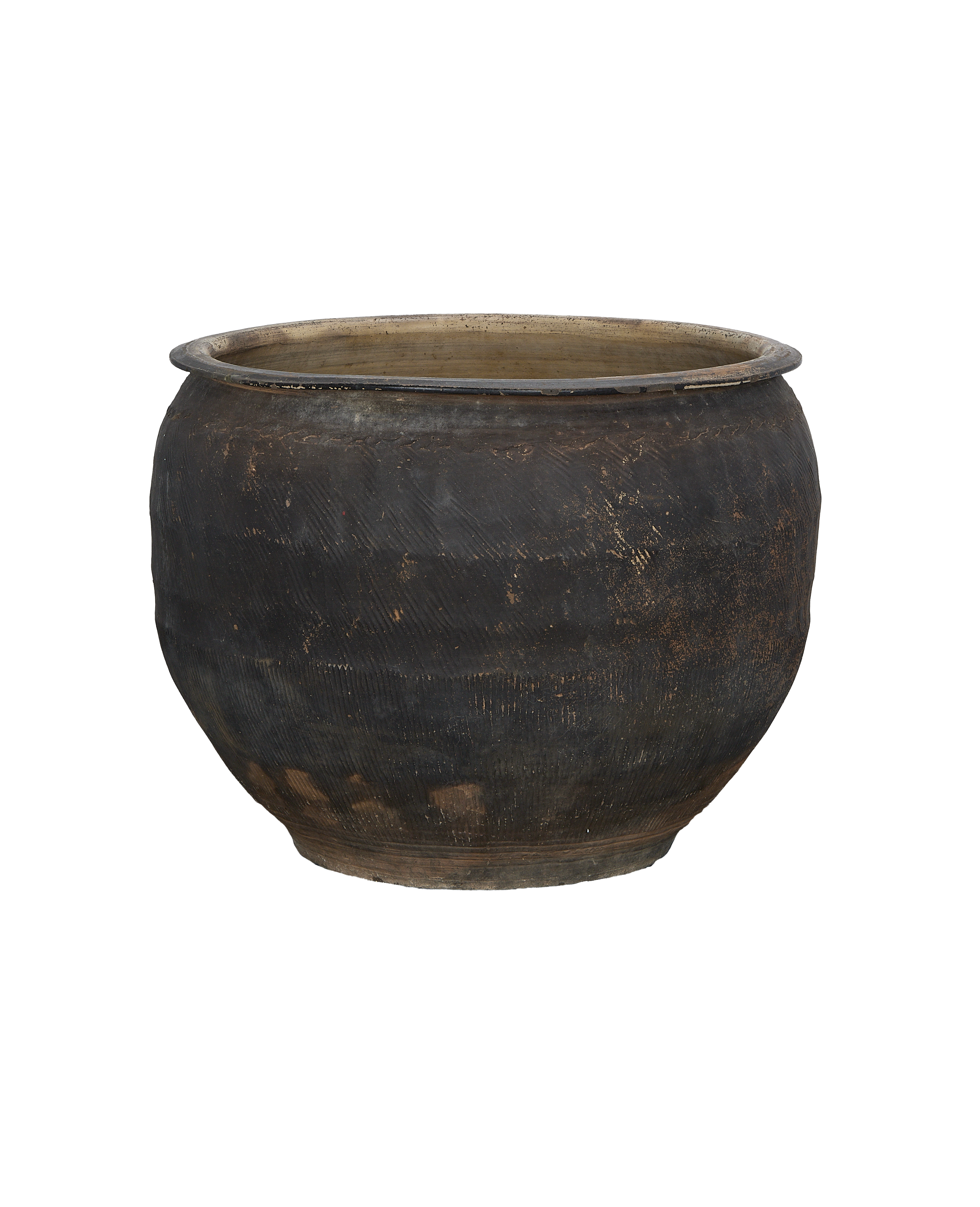 Vintage Chinese oak water planter with distressed dark finish and textured surface detail.