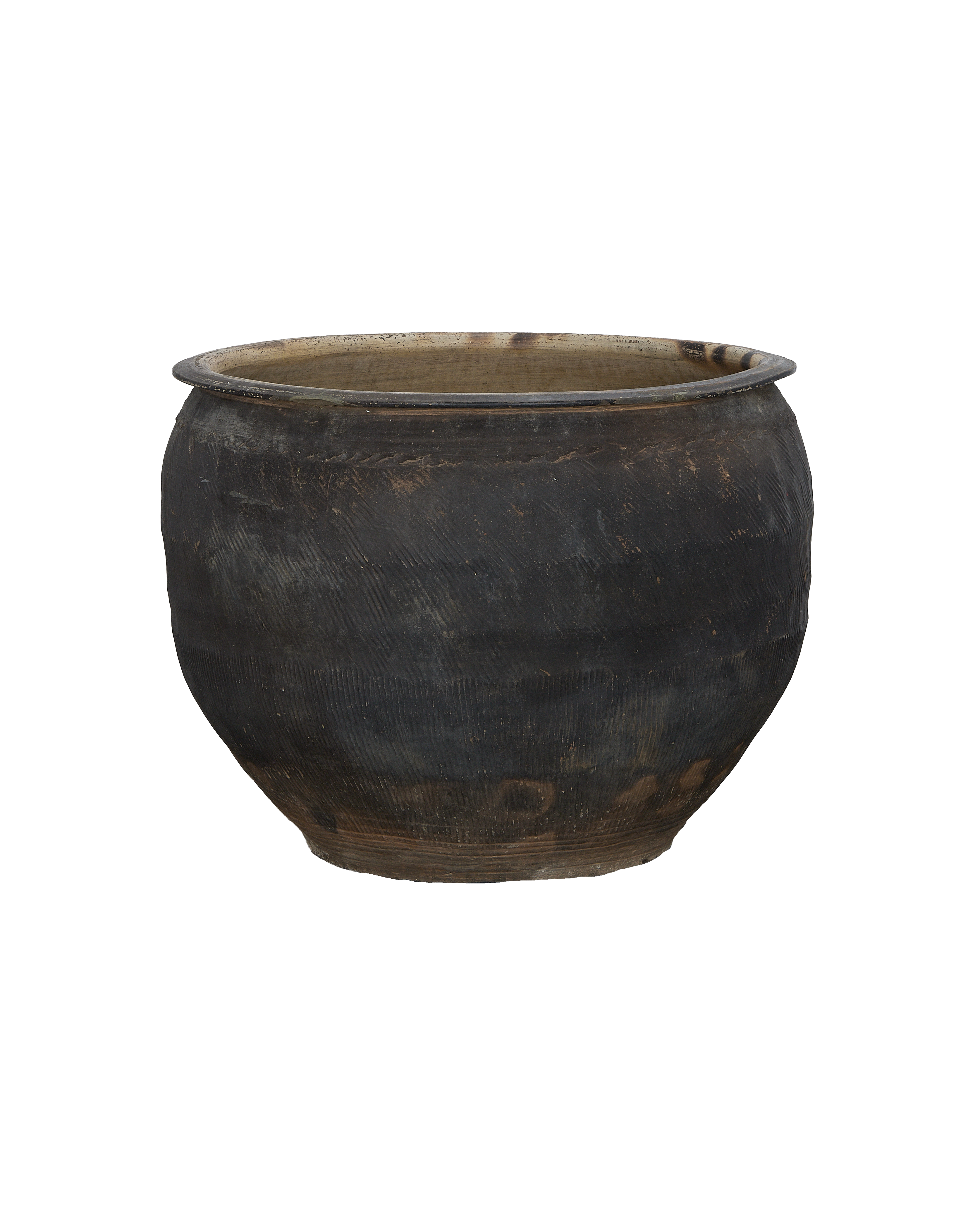 Vintage Chinese OAK water planter, showing weathered dark exterior with subtle texture.