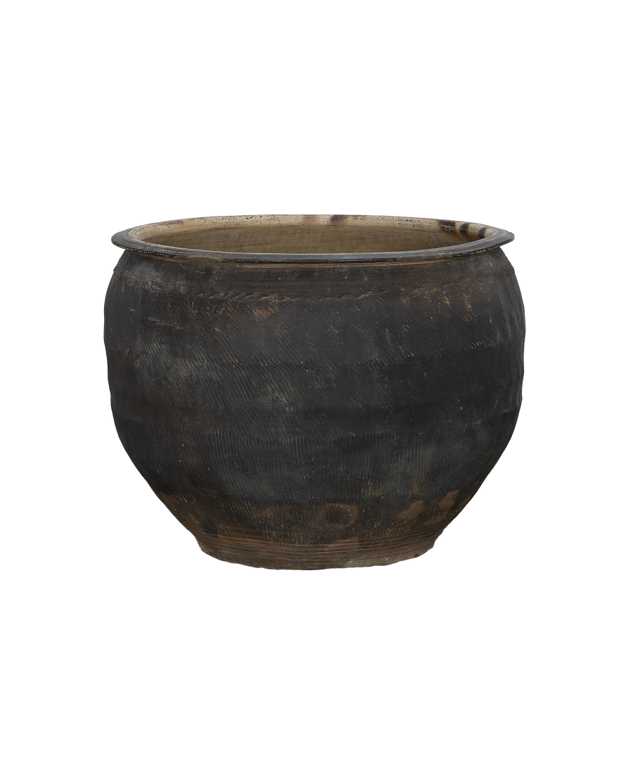 Vintage Chinese OAK water planter, showing weathered dark exterior with subtle texture.