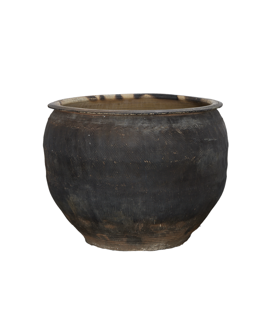 Vintage Chinese water planter. Dark oak vessel, wide mouth, detailed textured surface.
