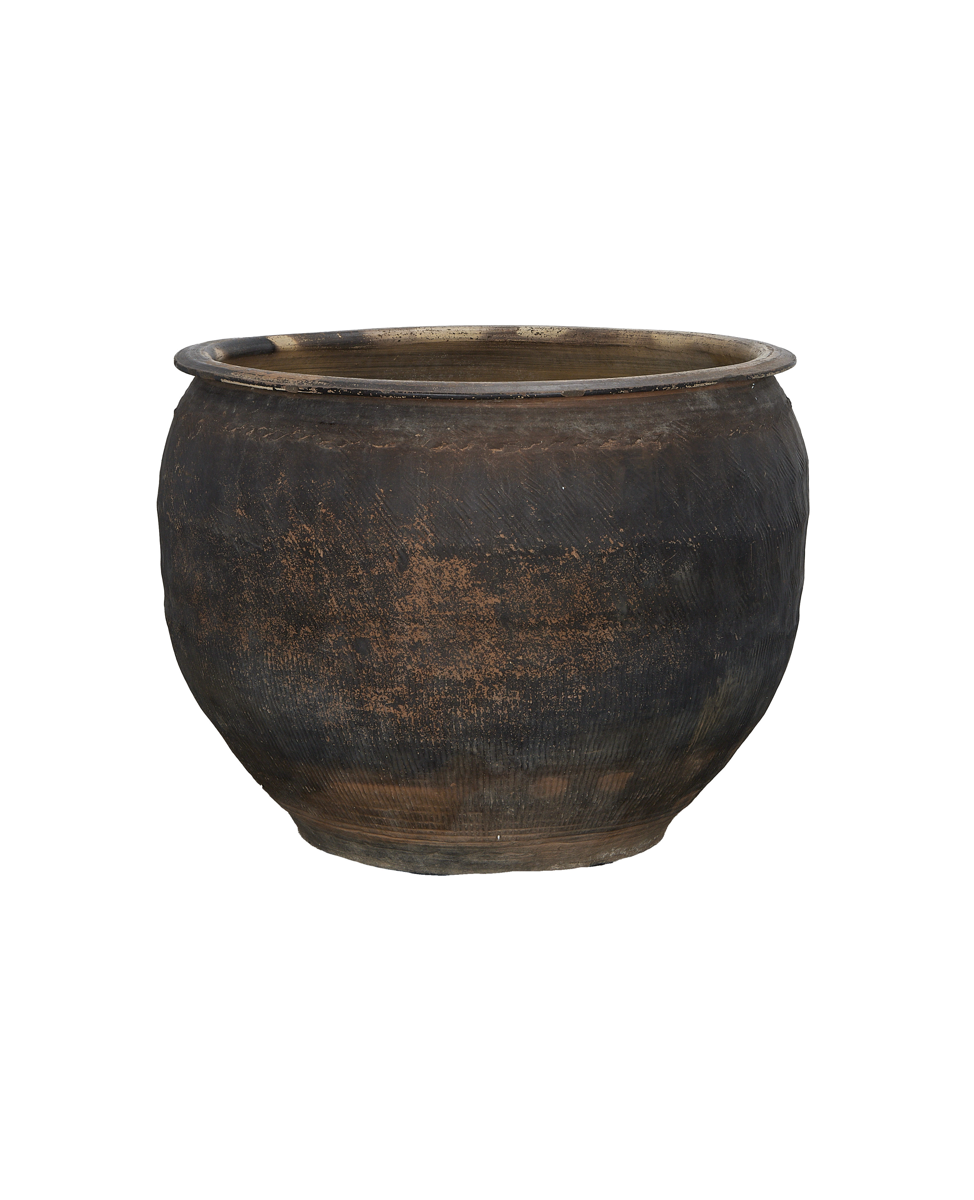 Vintage Chinese OAK water planter, full view showing rough black-brown texture and rim.