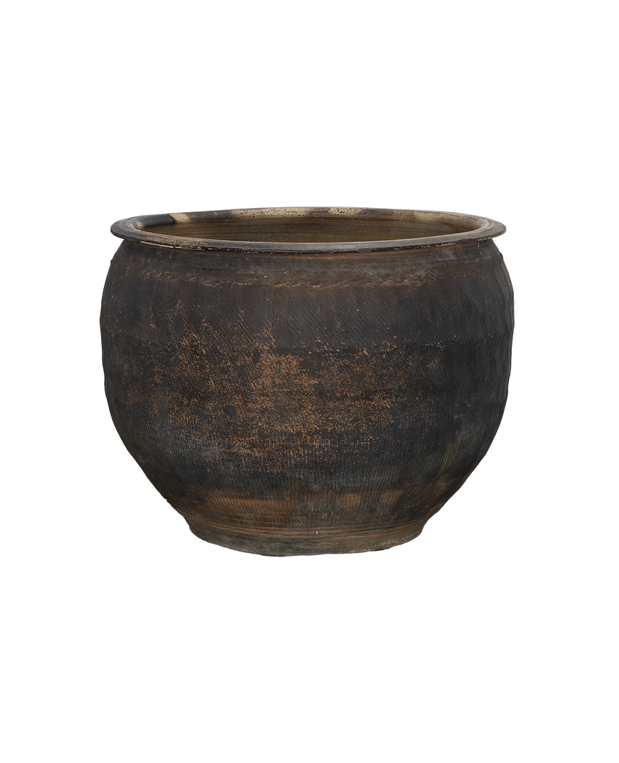 Vintage Chinese OAK water planter, full view showing rough black-brown texture and rim.