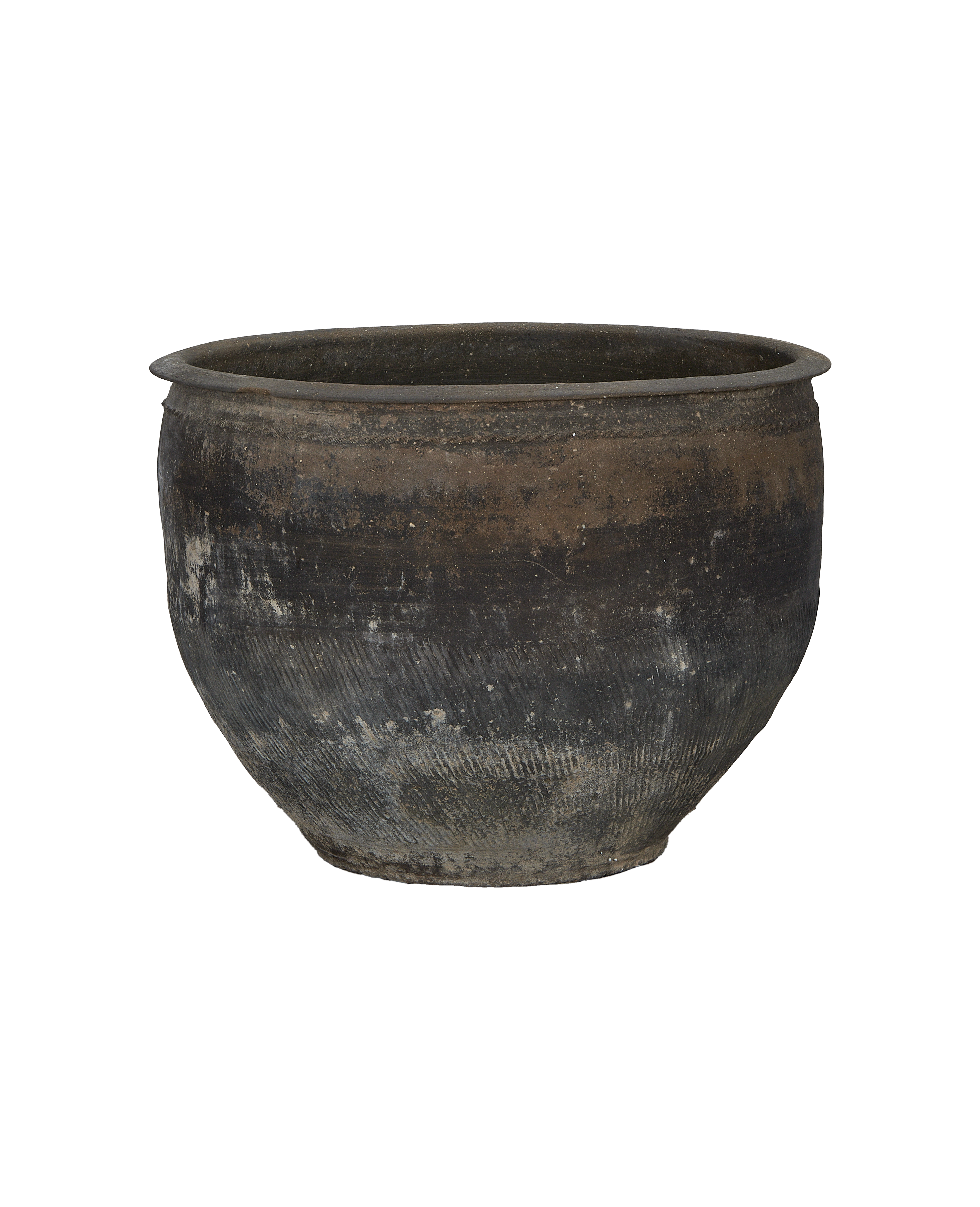 Vintage Chinese OAK water planter, showing texture, weathered patina, and rim details.