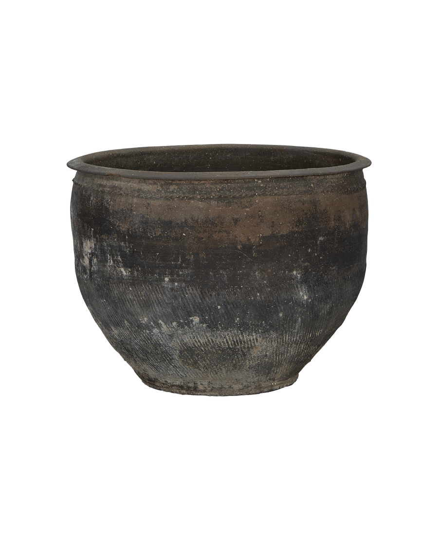 Vintage Chinese OAK water planter, showing texture, weathered patina, and rim details.
