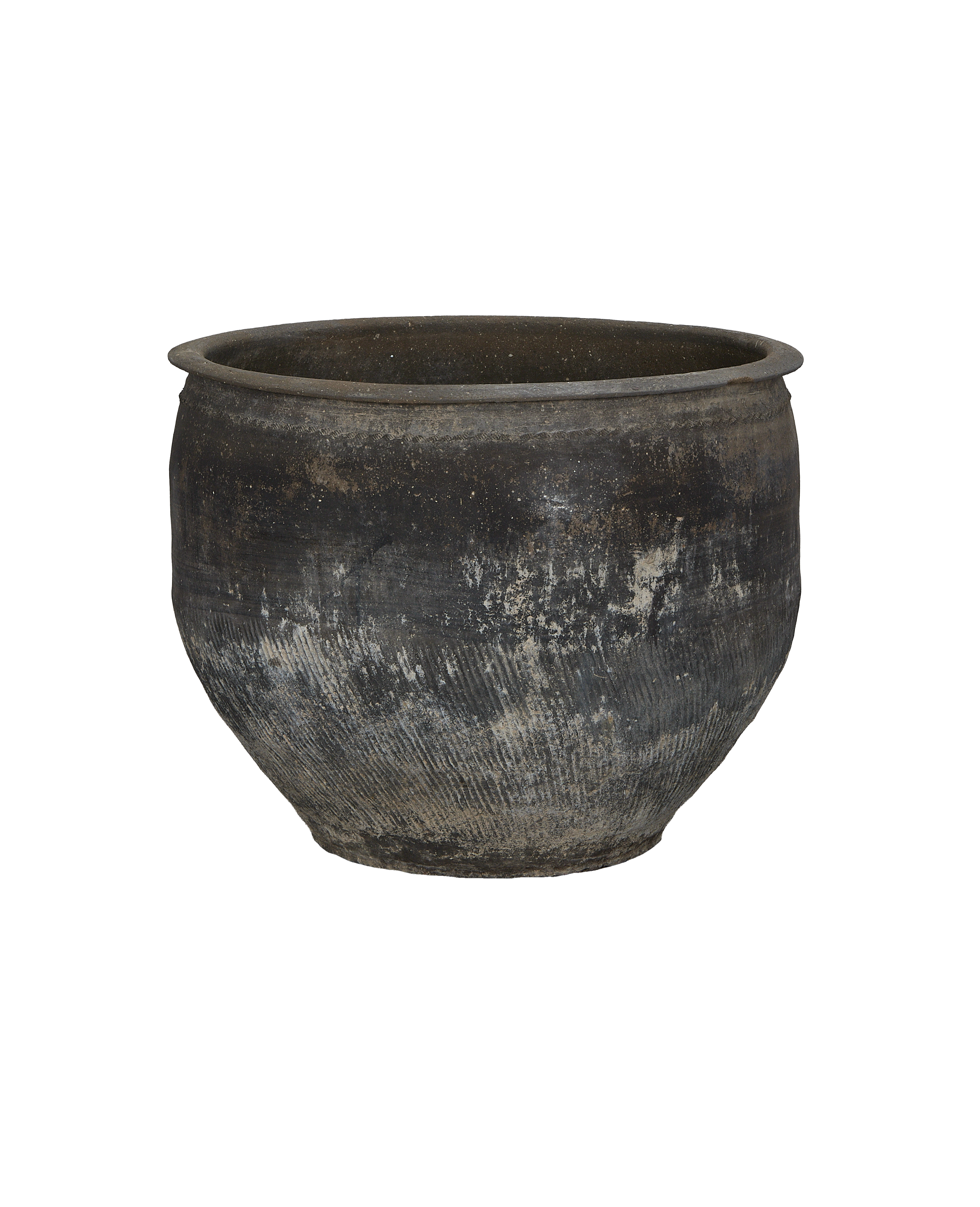 Vintage Chinese water planter with textured dark clay, showing weathered, white-gray patina.