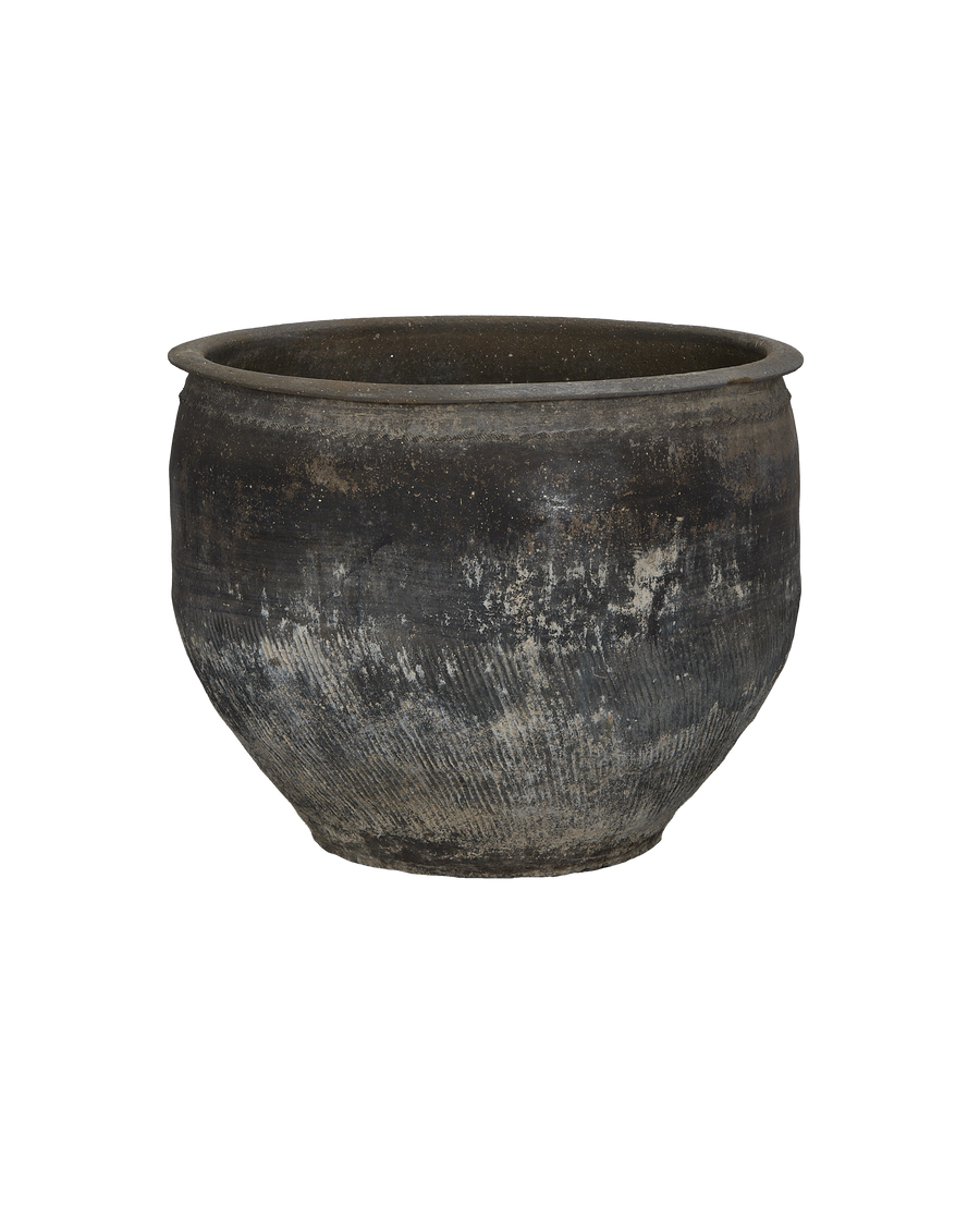 Vintage Chinese water planter with textured dark clay, showing weathered, white-gray patina.