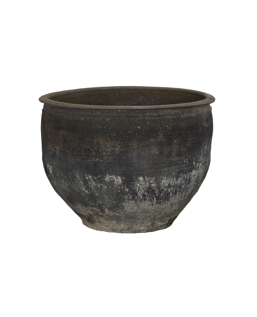 Vintage Chinese OAK water planter, showing natural patinated surface and unique ribbed texture.