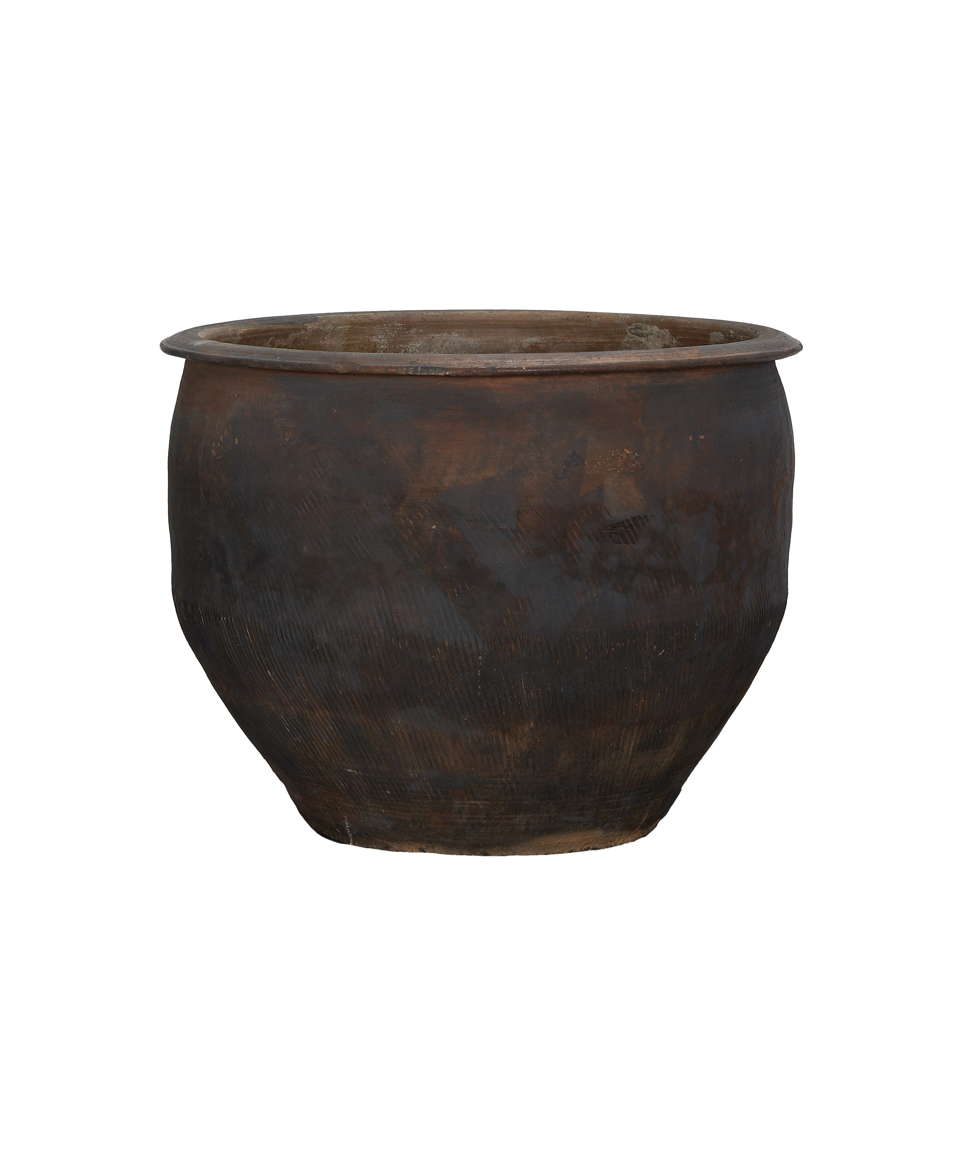 Vintage Chinese dark wood water planter, showing weathered texture and aged patination.