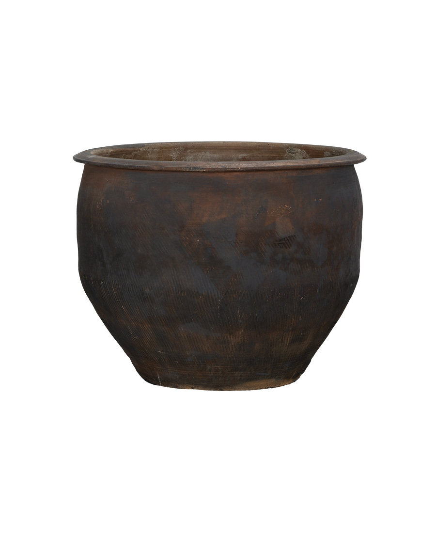 Vintage Chinese dark wood water planter, showing weathered texture and aged patination.
