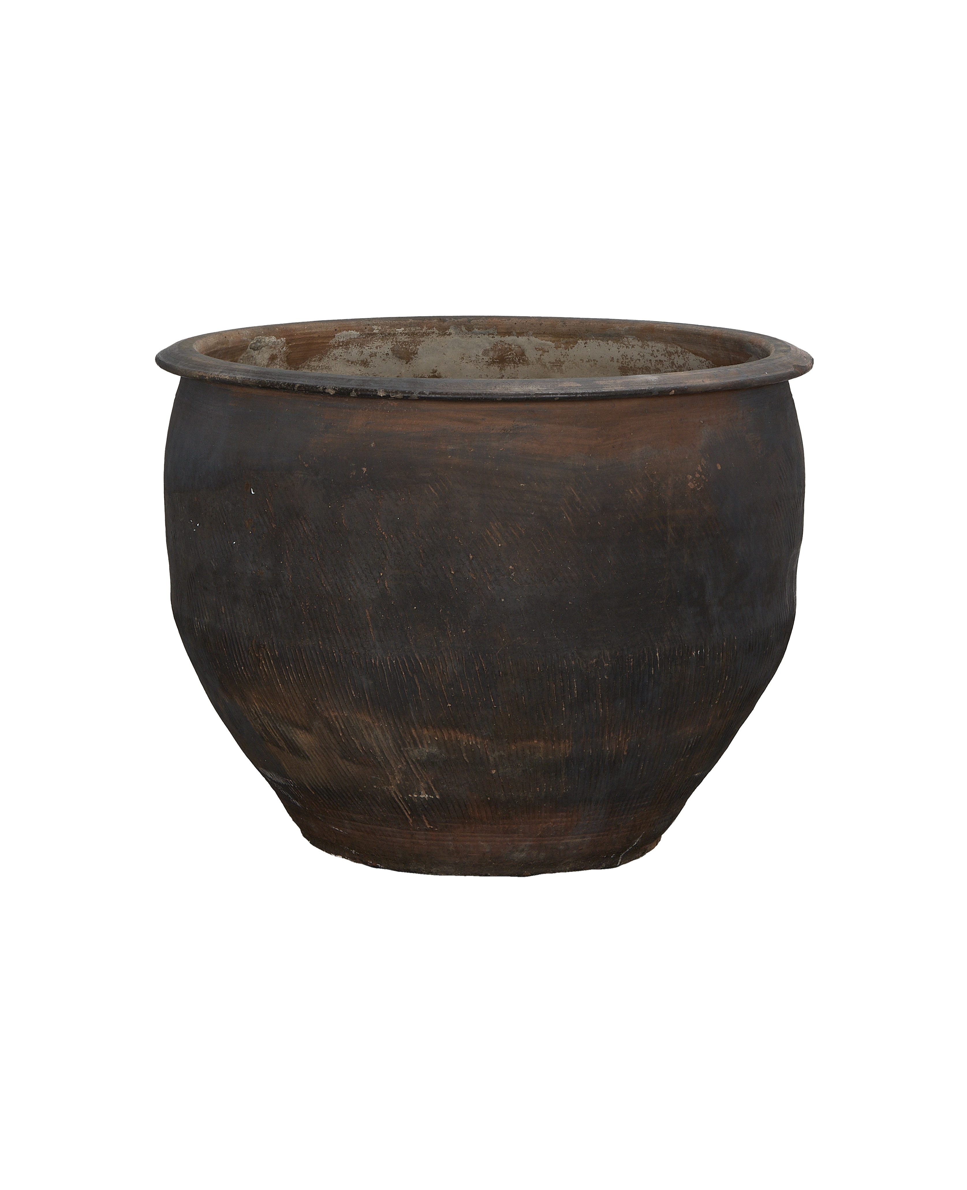 Vintage Chinese oak water planter with textured darkened wood, showcasing weathered interior rim.