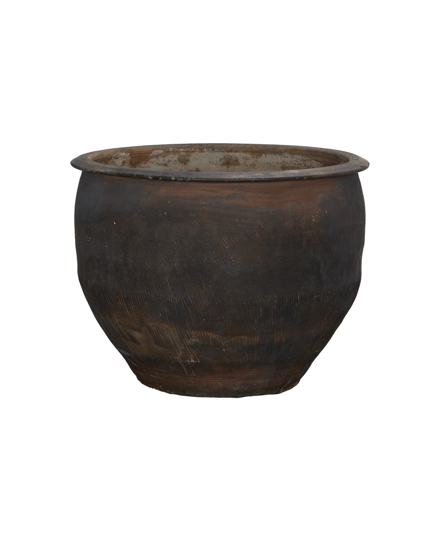 Vintage Chinese oak water planter with textured darkened wood, showcasing weathered interior rim.