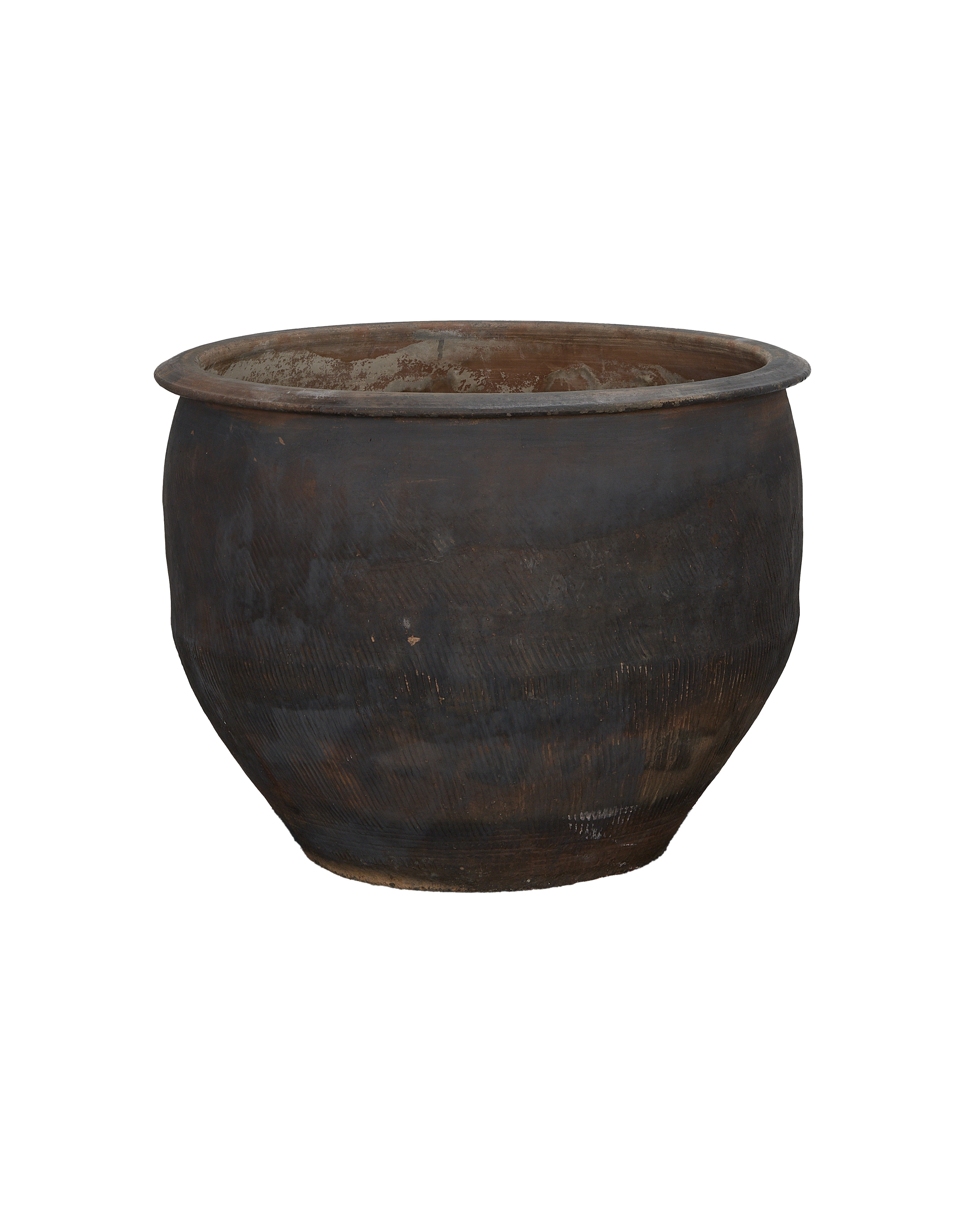 Vintage Chinese terra cotta water planter with textured surface, showcasing aged patina.