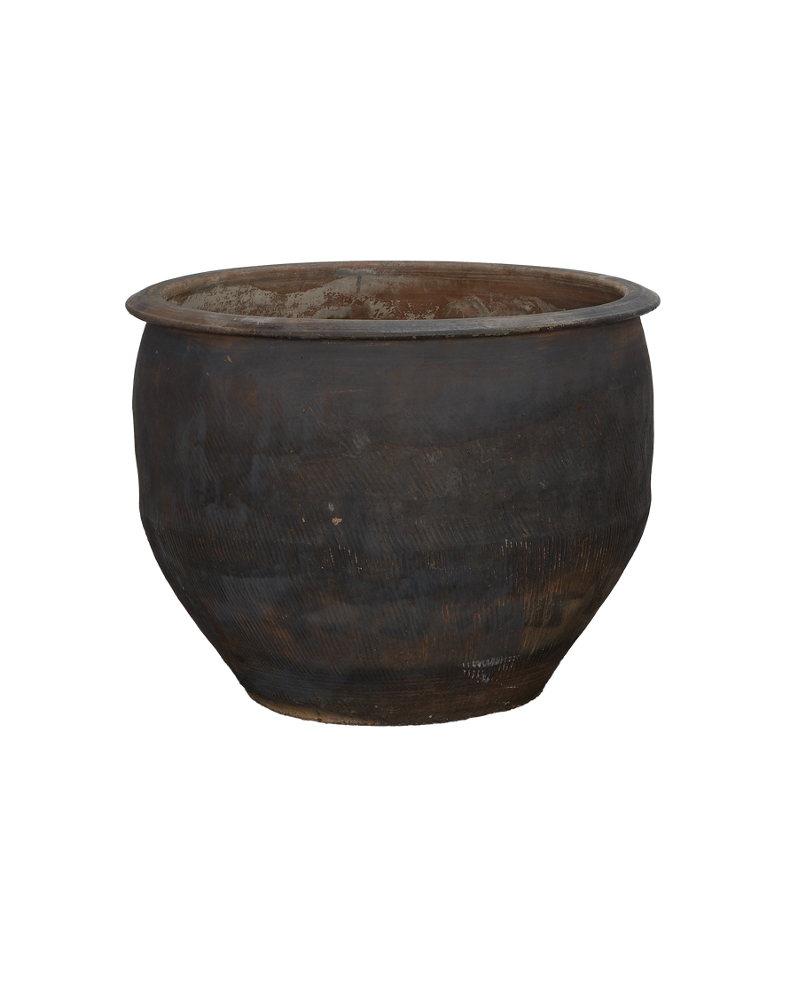 Vintage Chinese terra cotta water planter with textured surface, showcasing aged patina.