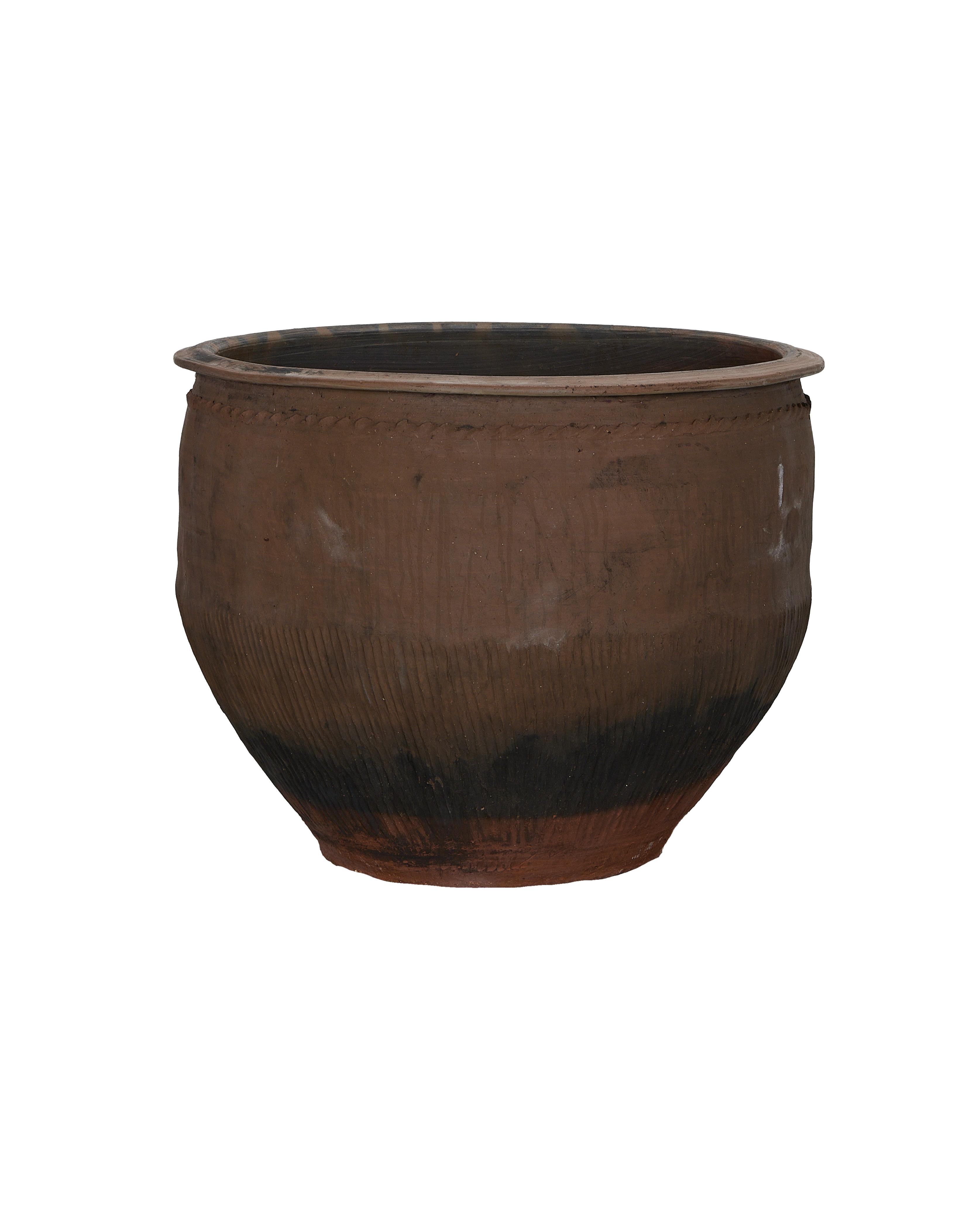 Vintage Chinese terracotta water planter with unique ribbed texture and weathered brown glaze.