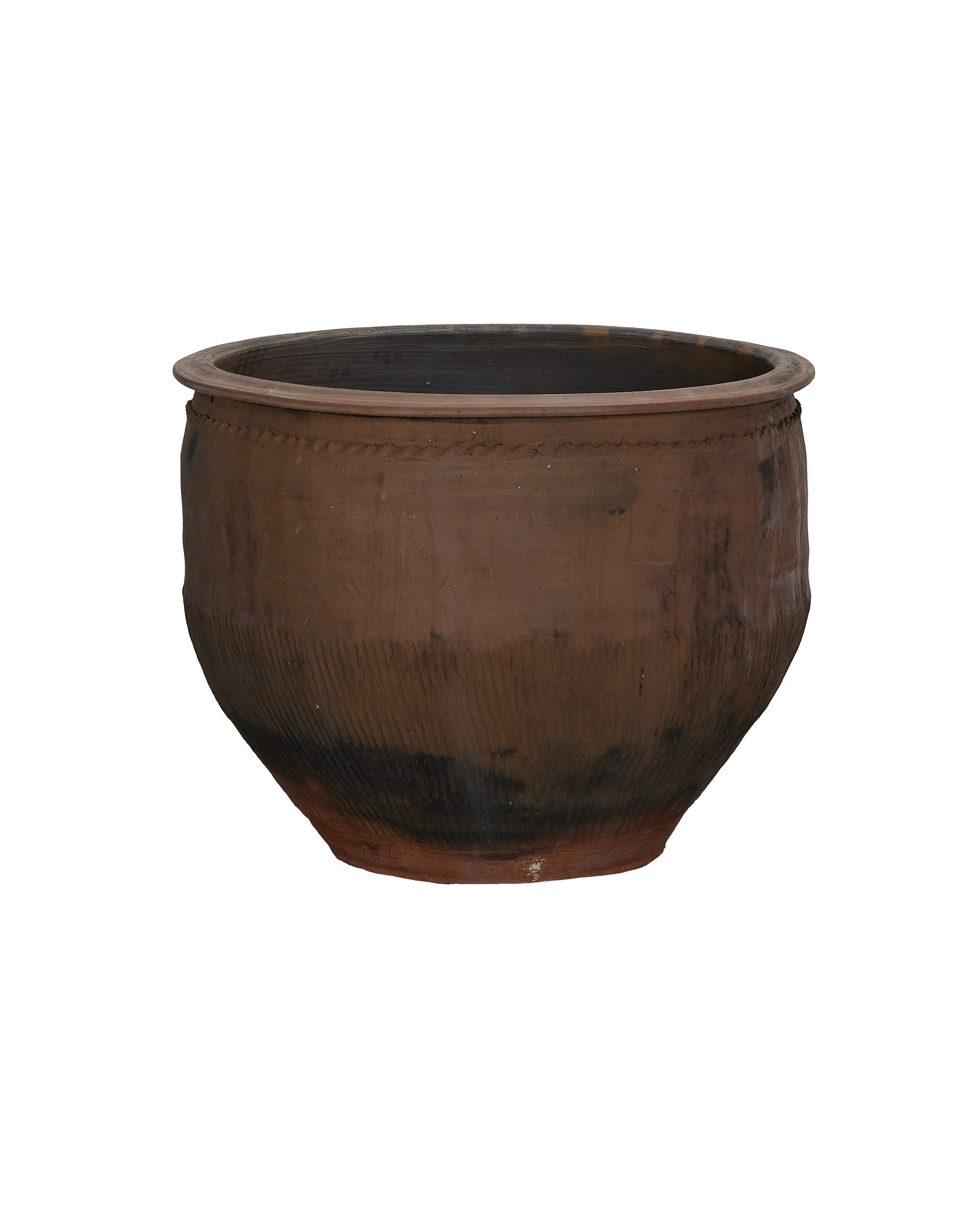 Vintage Chinese OAK water planter, showing its earthy brown-black patina and textured bottom.