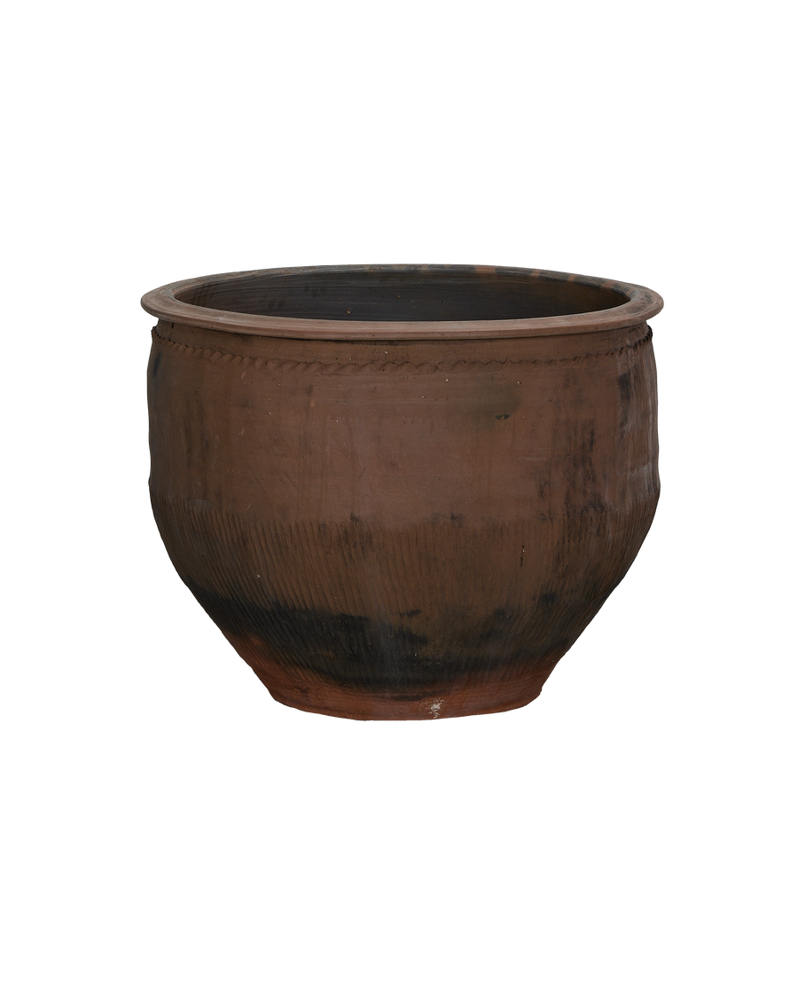 Vintage Chinese OAK water planter, showing its earthy brown-black patina and textured bottom.