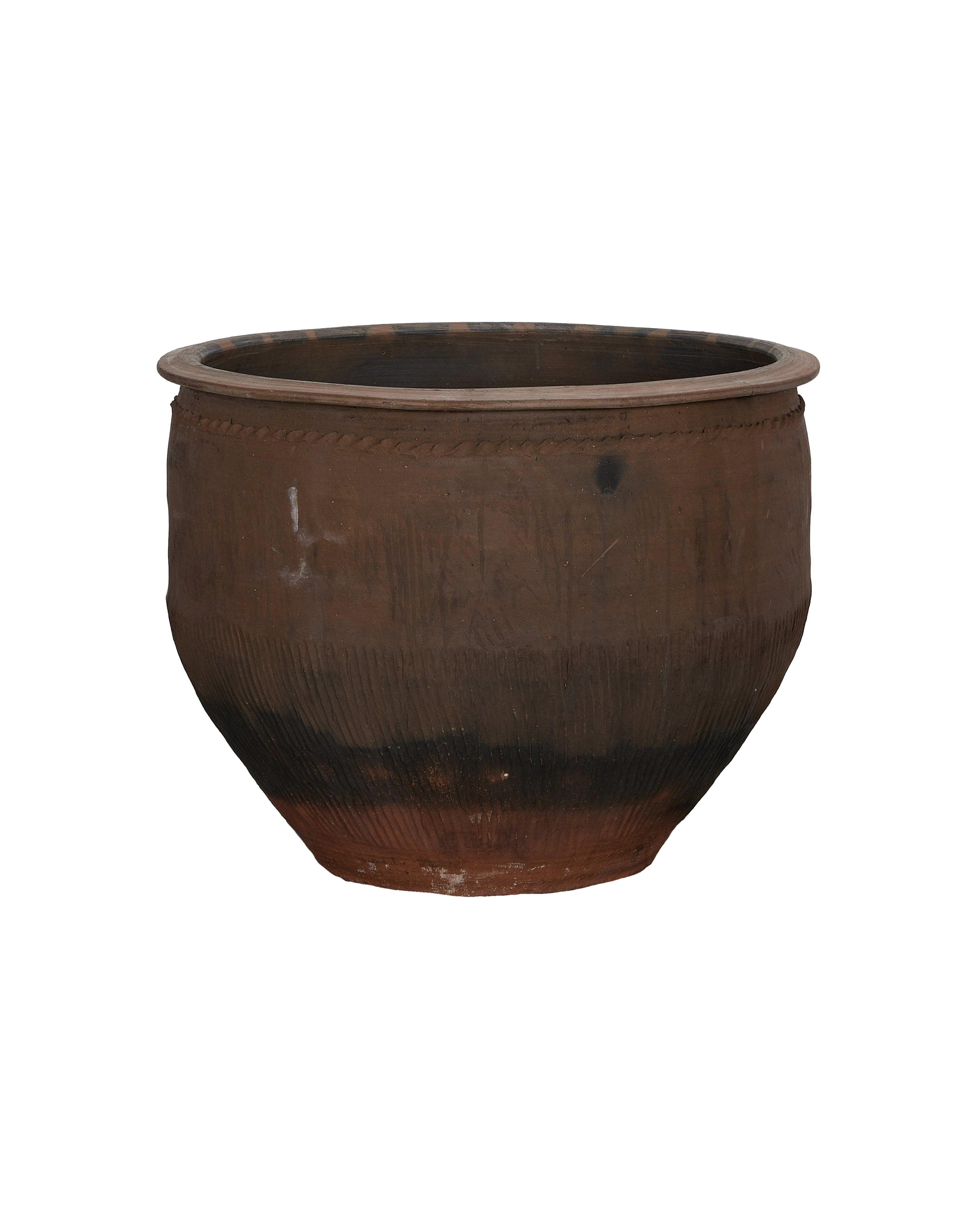 Vintage Chinese OAK water planter, showing its textured, weathered exterior condition.