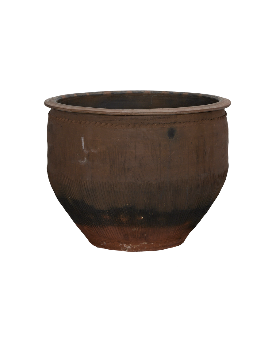 Vintage Chinese OAK water planter, showing its textured, weathered exterior condition.